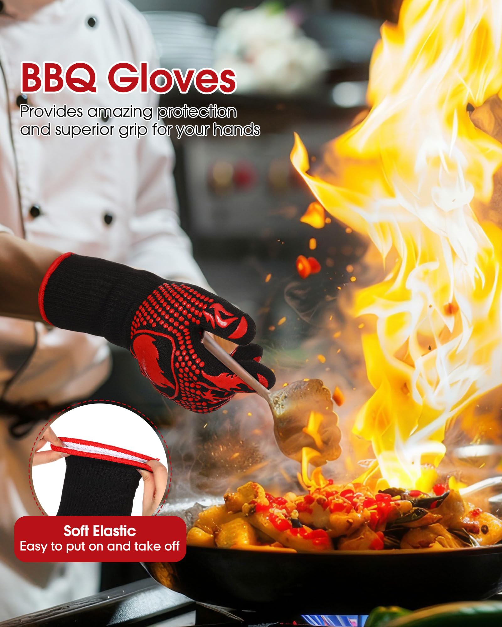 2 pares de guantes de barbacoa 1472 resistentes al calor, guantes de parrilla ignífugos, guantes de horno de silicona antideslizantes para asar, cocinar, hornear, freír