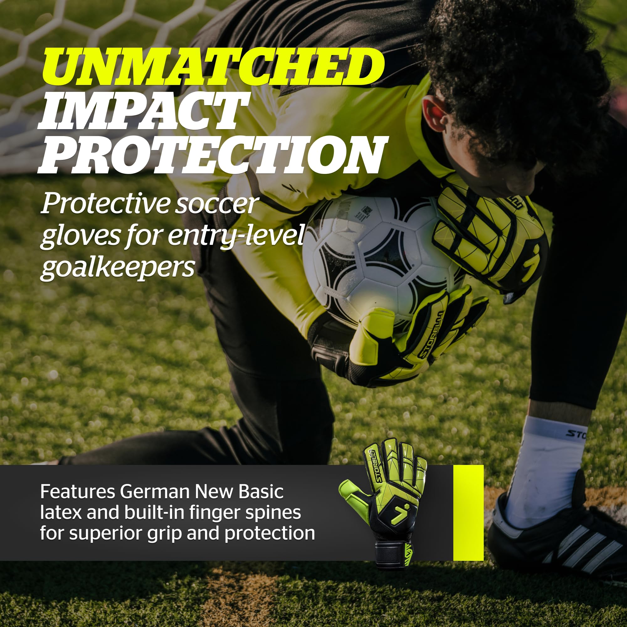 Storelli Gladiator Recruit 3.0 Goalkeeper Gloves, Entry-Level Soccer Goalie Gloves with 4 Built-in Finger Spines, High-Impact Hand Protection, 1 Pair, Black & Yellow, Size 7