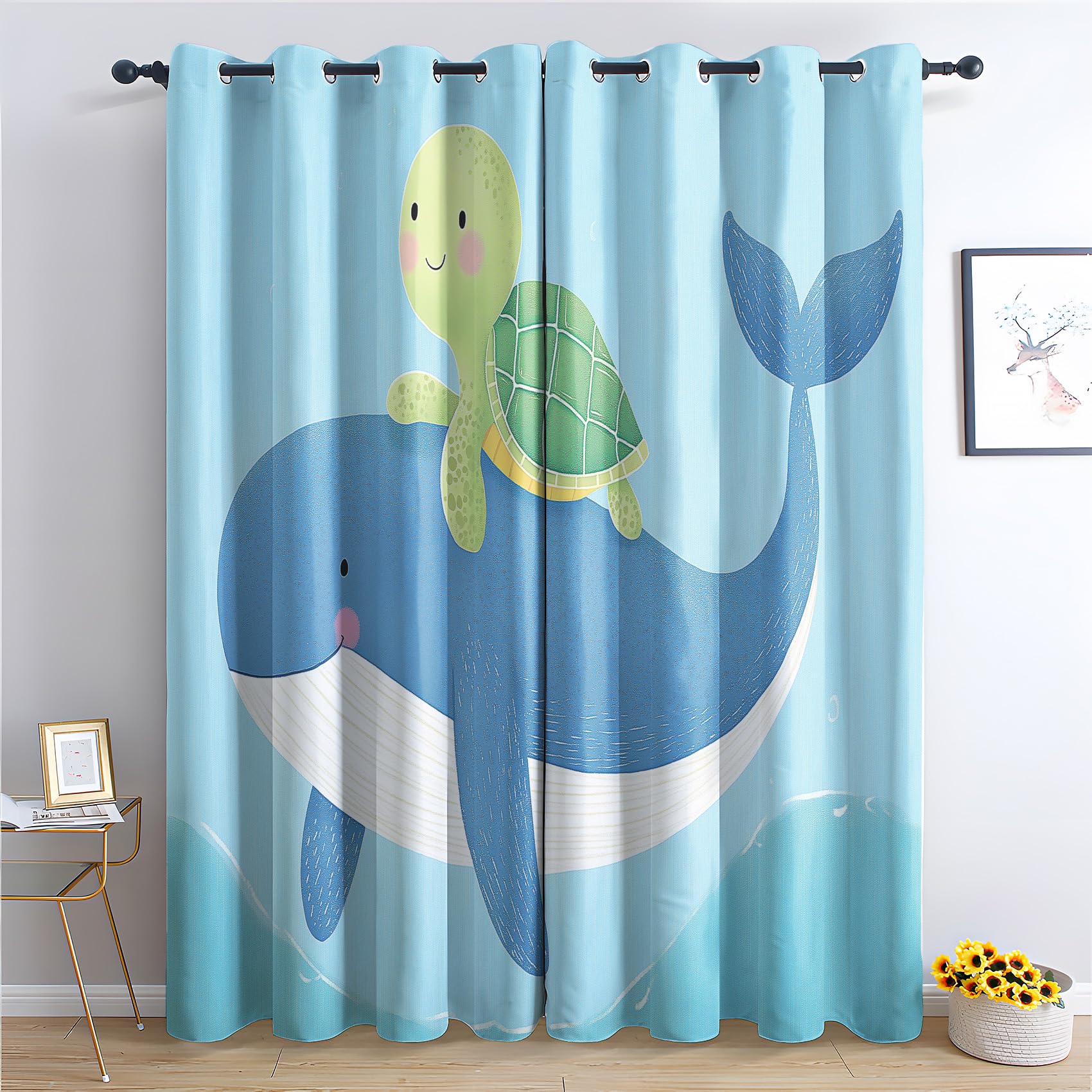 Luxfieo Wal Vorhänge Kinder Cartoon Meerestiere Schildkröte Vorhang Blickdicht Gardinen 245 cm Lang Verdunklungsvorhänge mit Ösen Thermovorhang für Wohnzimmer Schlafzimmer Fenster Deko 2er Set T#349