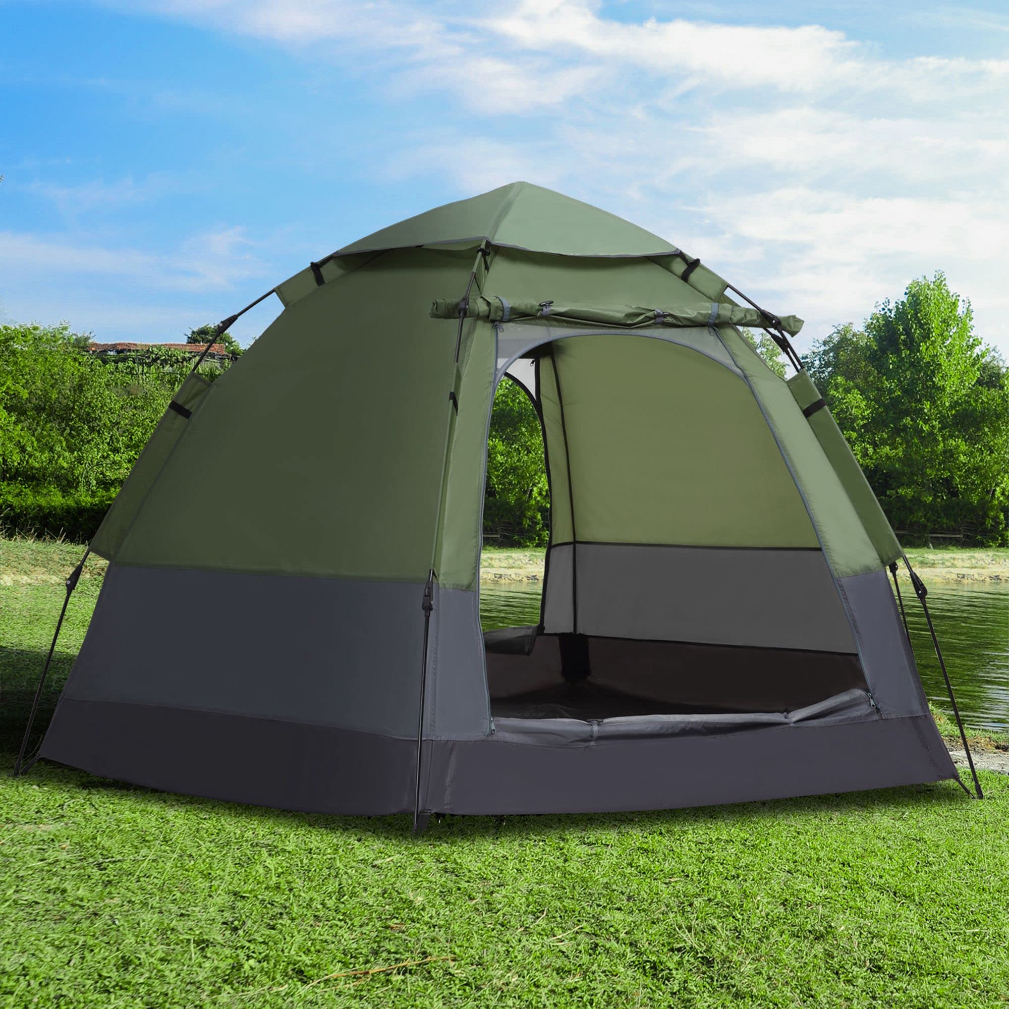 Outsunny Tente Pop up Montage instantané - Tente de Camping 3-4 pers. - 2 Grandes Portes - dim. 2,6L x 2,6l x 1,5H m Fibre Verre Polyester Oxford