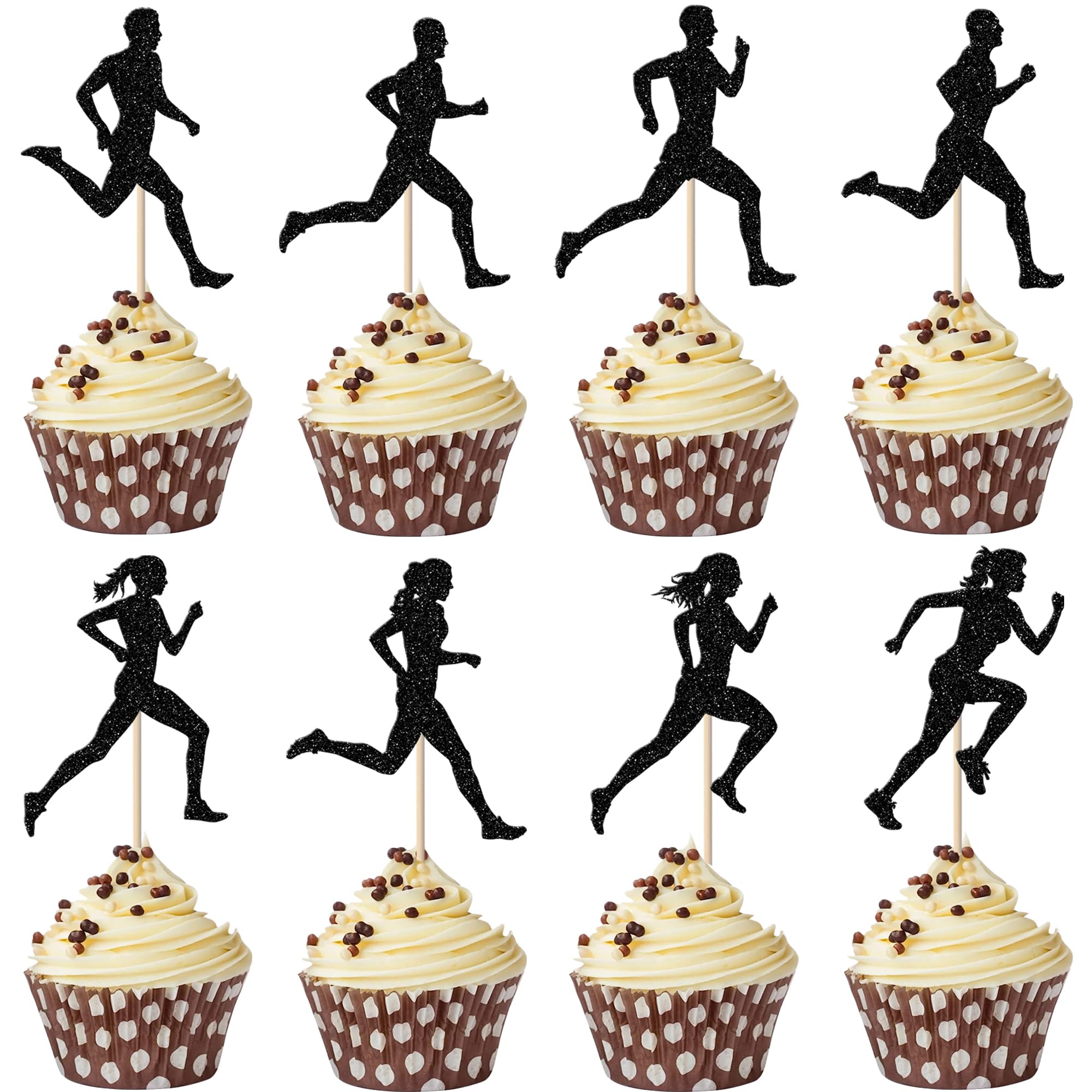 Rsstarxi24 Pack Running Cupcake Toppers Black Glitter Sports Fitness Cupcake Picks Decorations for Sports Theme Running Baby Shower Boys Girls Birthday Party Cake Decorations