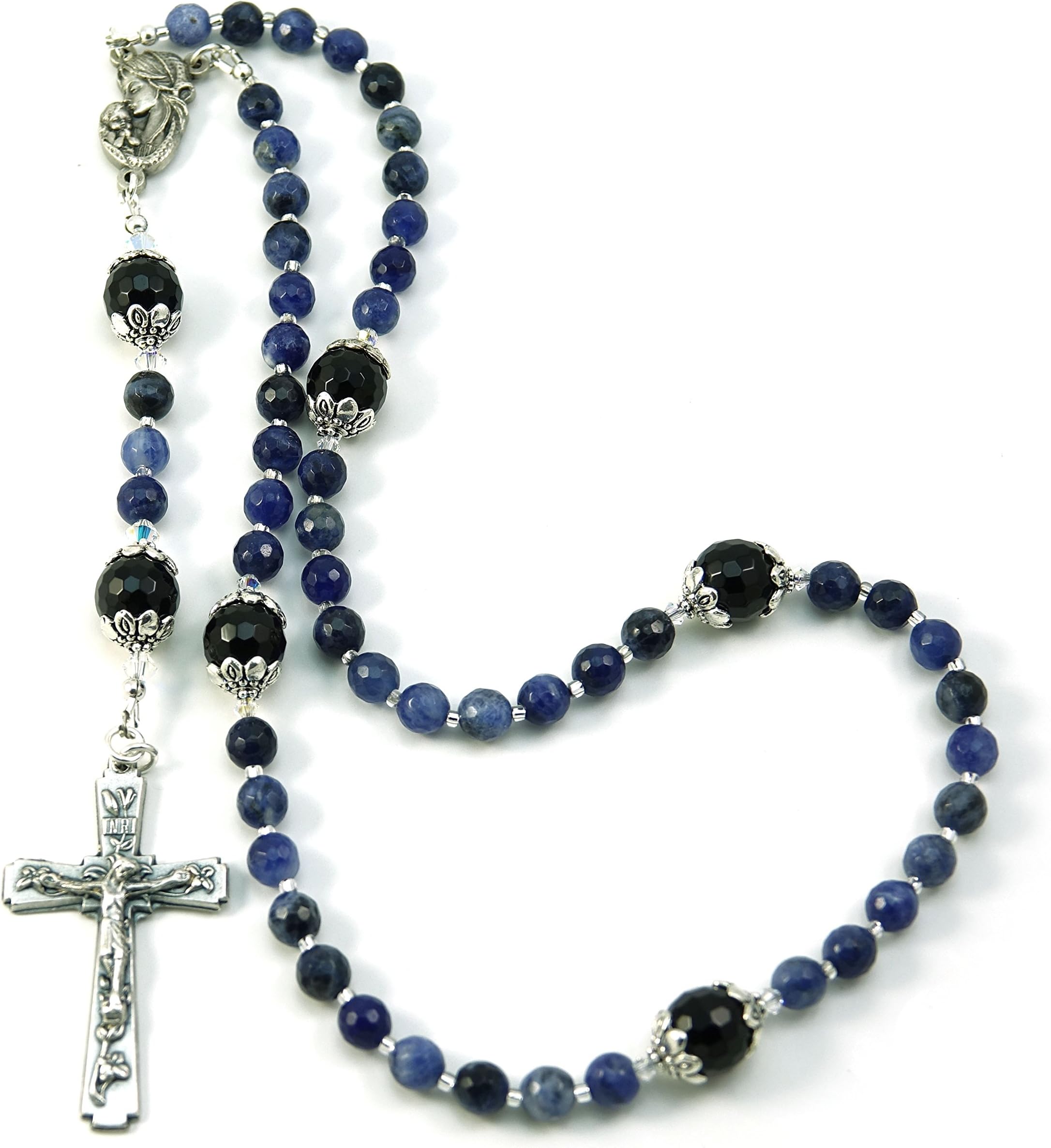 Silver InchesCatholic Prayer Beads Sodalite Gemstone Madonna and Child Rosary Blessed with Anointing Oil (Not a Necklace)