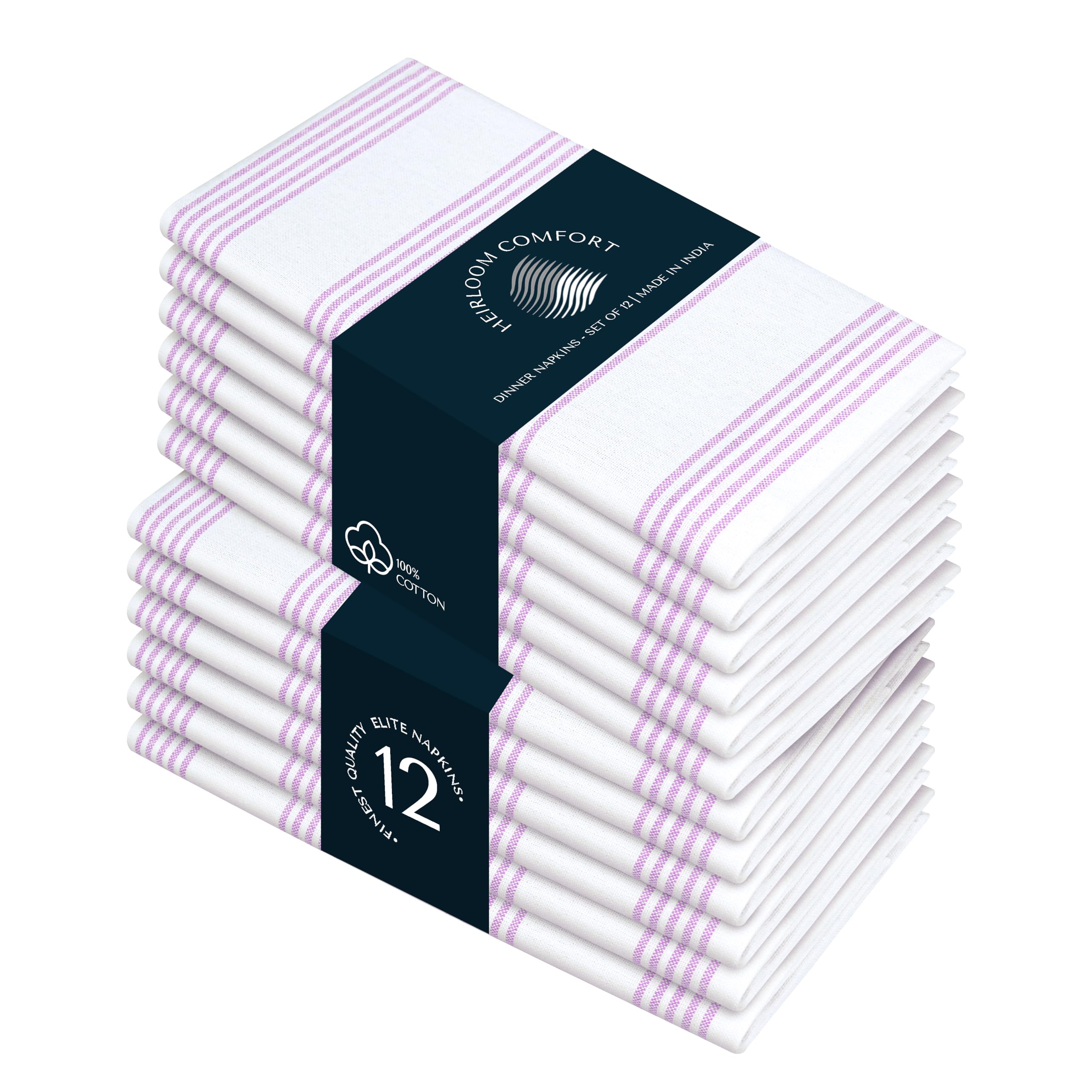 HEIRLOOM COMFORT Lavender Stripe Cloth Napkins (Set of 12), Large 45x45 cm, 100% Cotton, Machine Washable, Multi Pin Striped Dinner Napkin for Luncheon, Cocktail, Celebrations, Everyday Use