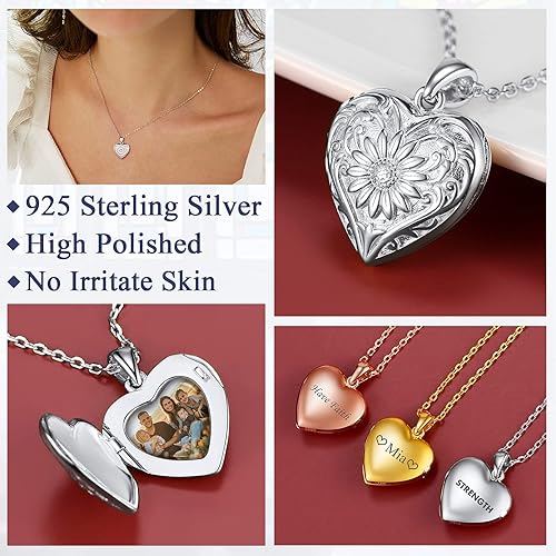 Vista 3 de FaithHeart Corazón Locket Mujeres Niñas Plata Sterling Foto Custom Lockets Colgante Collar Regalo Embalaje