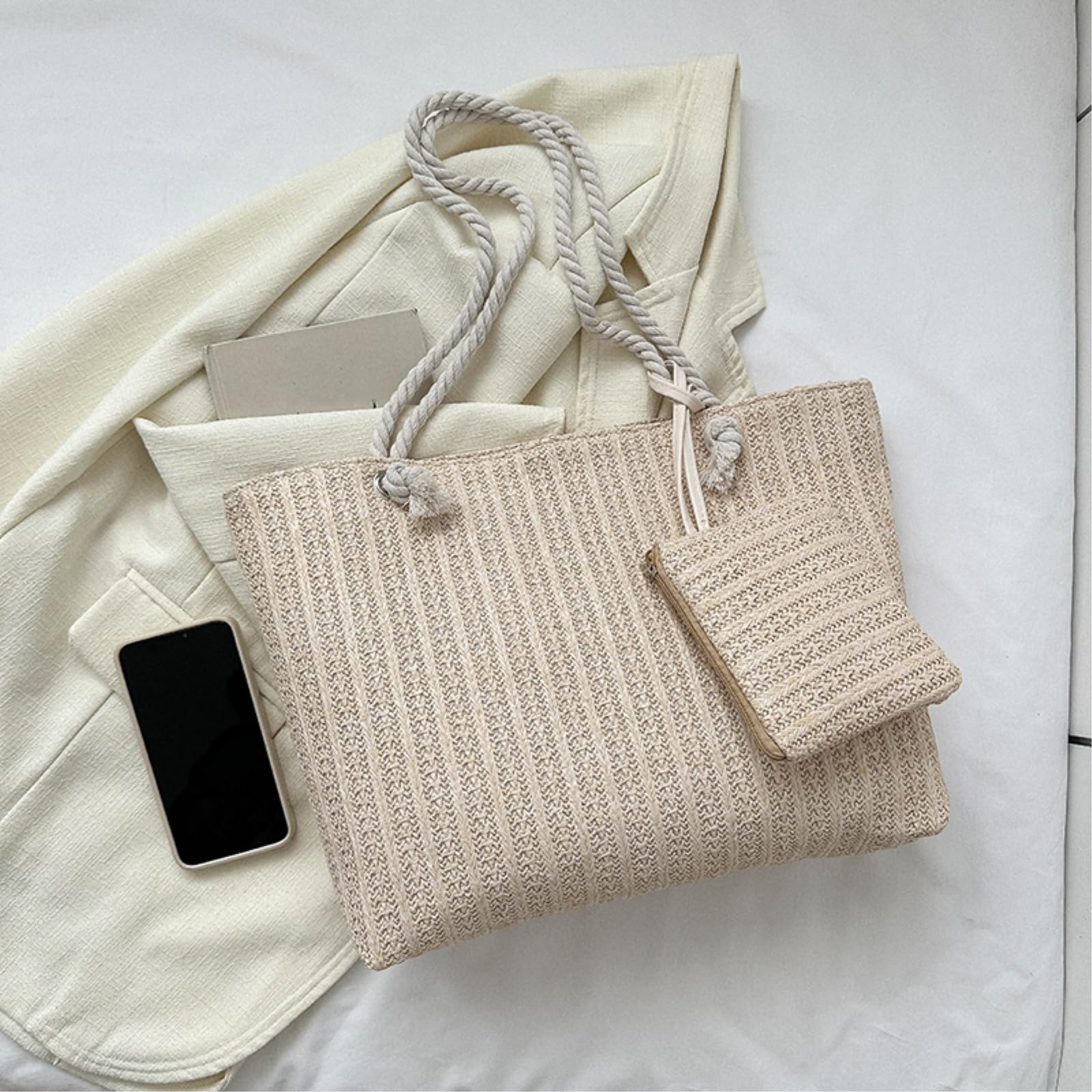 Borsa Spalla Paglia Tessuta con A di Spiaggia Grande capacità Maniglie Corda Spessa della Abbinamento per Lo Shopping Viaggio-setbeige