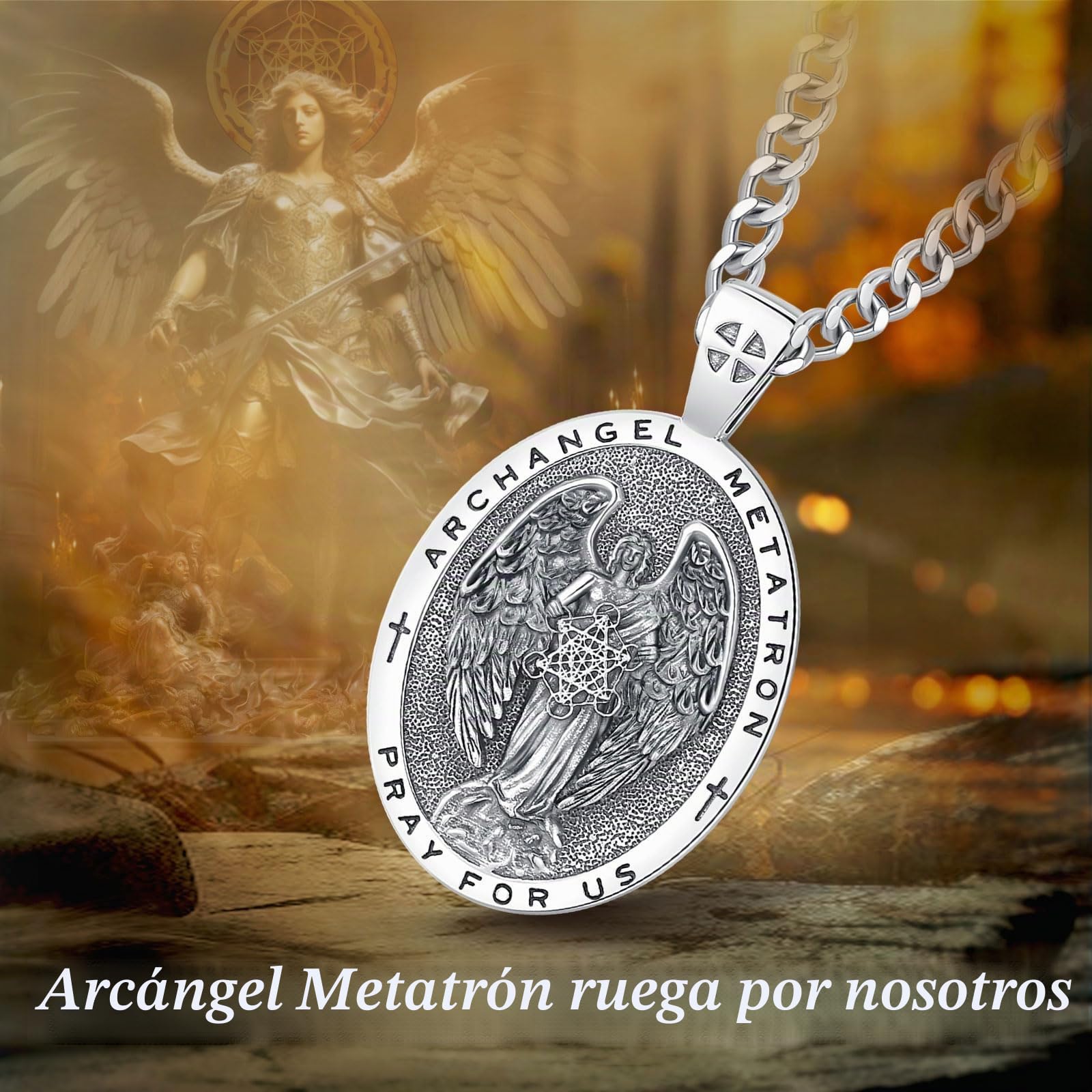 Collar de Arcángel Metatrón para Mujer Hombre Plata de Ley 925, Vintage Amuleto Cubo de Metatrón Colgante Católico Cristiano Joyería Regalo para Padre Madre, 22"+2"