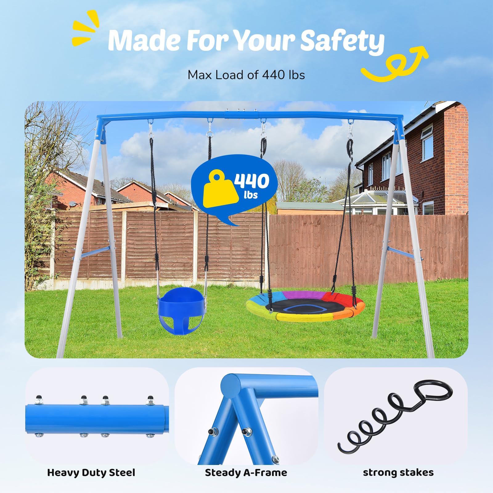 Trekassy Swing Set for Backyard, 440lbs Heavy Duty A-Frame Metal Swing Stand with 1 Saucer Swing and 1 Toddler Swing, Outdoor Kids Play Equipment for Playground, Playset