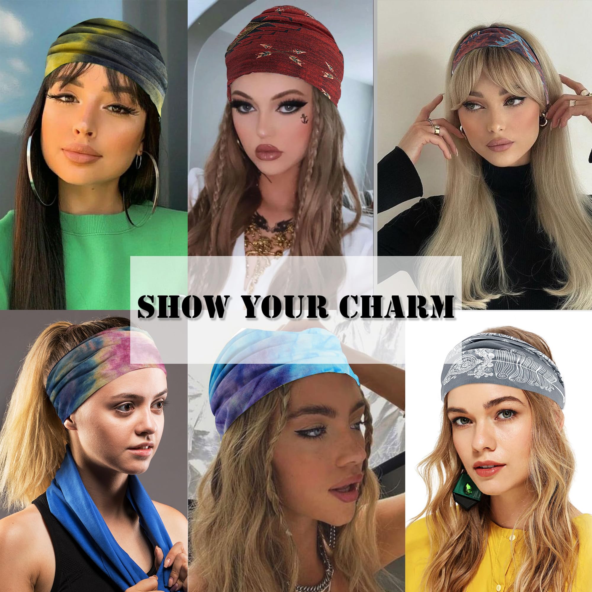 FULZTEY Fasce per capelli bohémien per donne e ragazze, colorate, antiscivolo, con nodo largo, motivo fresco, per sport, atletica, spiaggia, accessori per capelli da donna, 4 pezzi