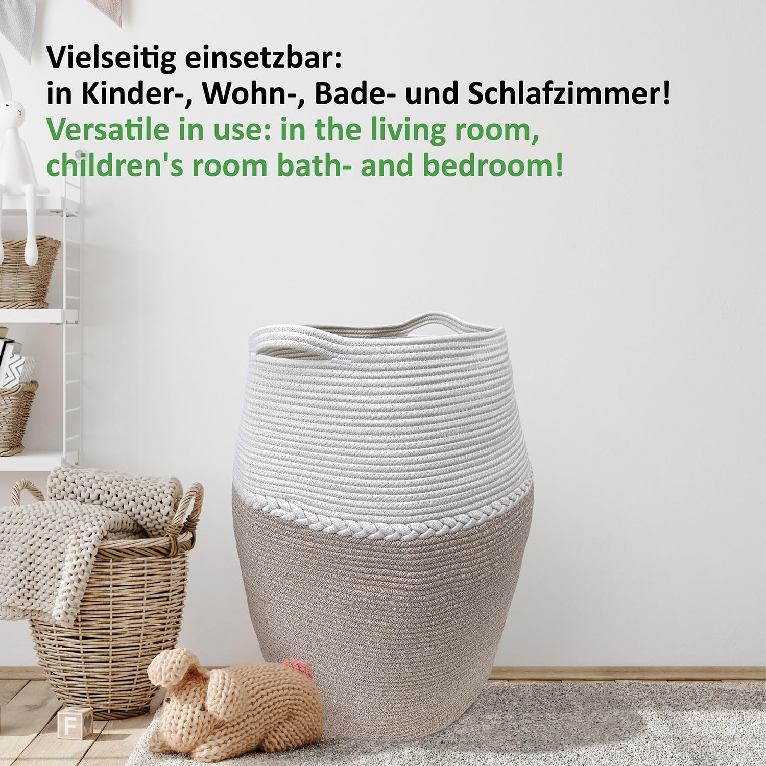 Opvouwbare Wasmand Jamila Grote Gevlochten Opbergmand Van Katoen - 105 Liter, Lichtbruin/wit - Voor Kinderkamer, Badkamer Of Was About You Wasmand