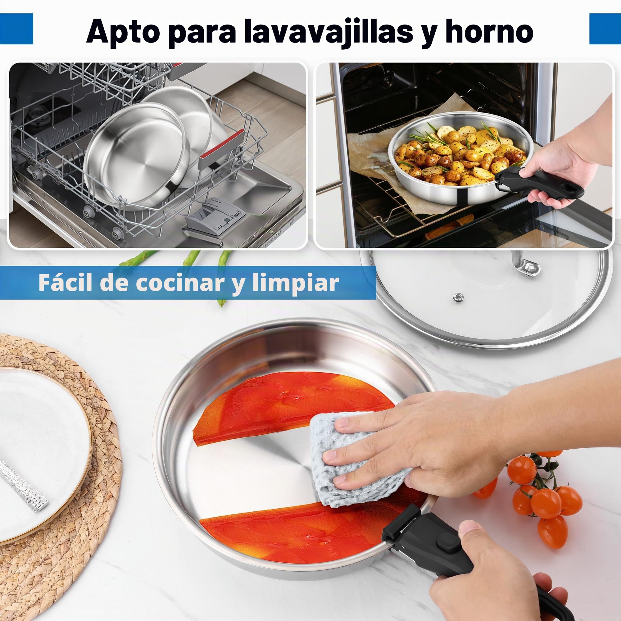 Joyfair Set de ollas, 9 piezas de ollas de acero inoxidable con mango desmontable, juego de sartenes apto para inducción con sartén, olla, olla de cocción lenta y tapa, para todo tipo de cocinas, apto