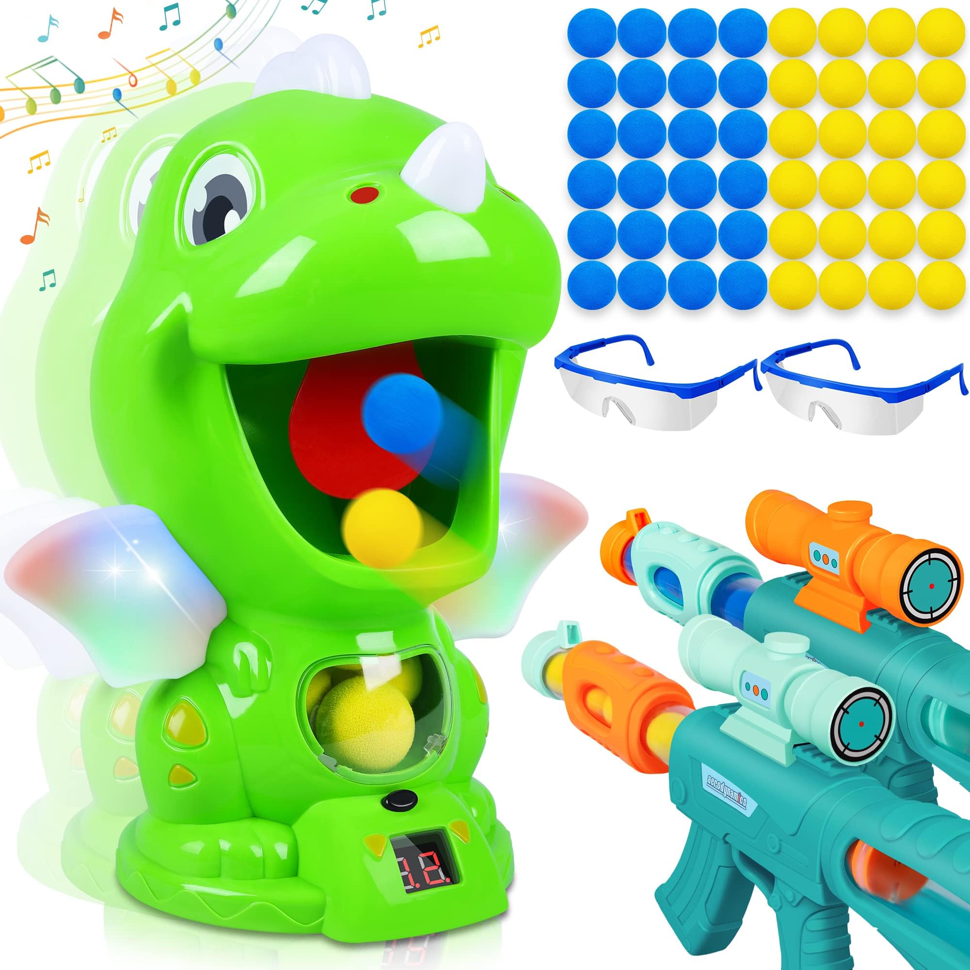 Movable Dinosaur Shooting Toy Guns for Kids with 2 Air Pump Guns Target Shooting Games and 48 Foam Balls,Party Toys with Score Record,Sound and LED,Gifts for Boys & Girls Toy Ages 4 5 6 7 8 Years Old