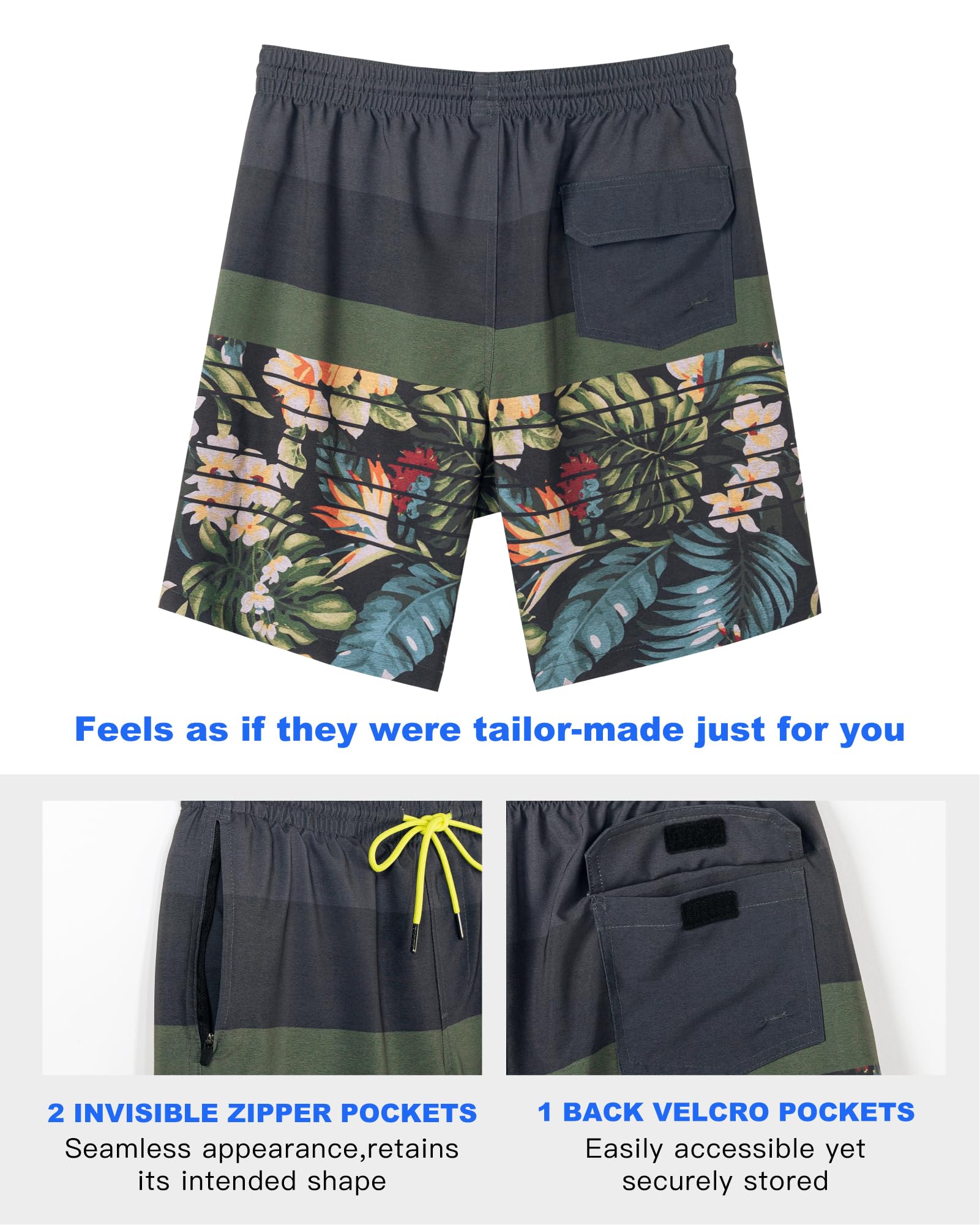 SURF CUZ Mens Swim Trunks with Compression Liner Swimming Shorts 2 in 1 Stretch Quick Dry Zipper Pockets, Forest Bloom|M - Image 3 thumbnail