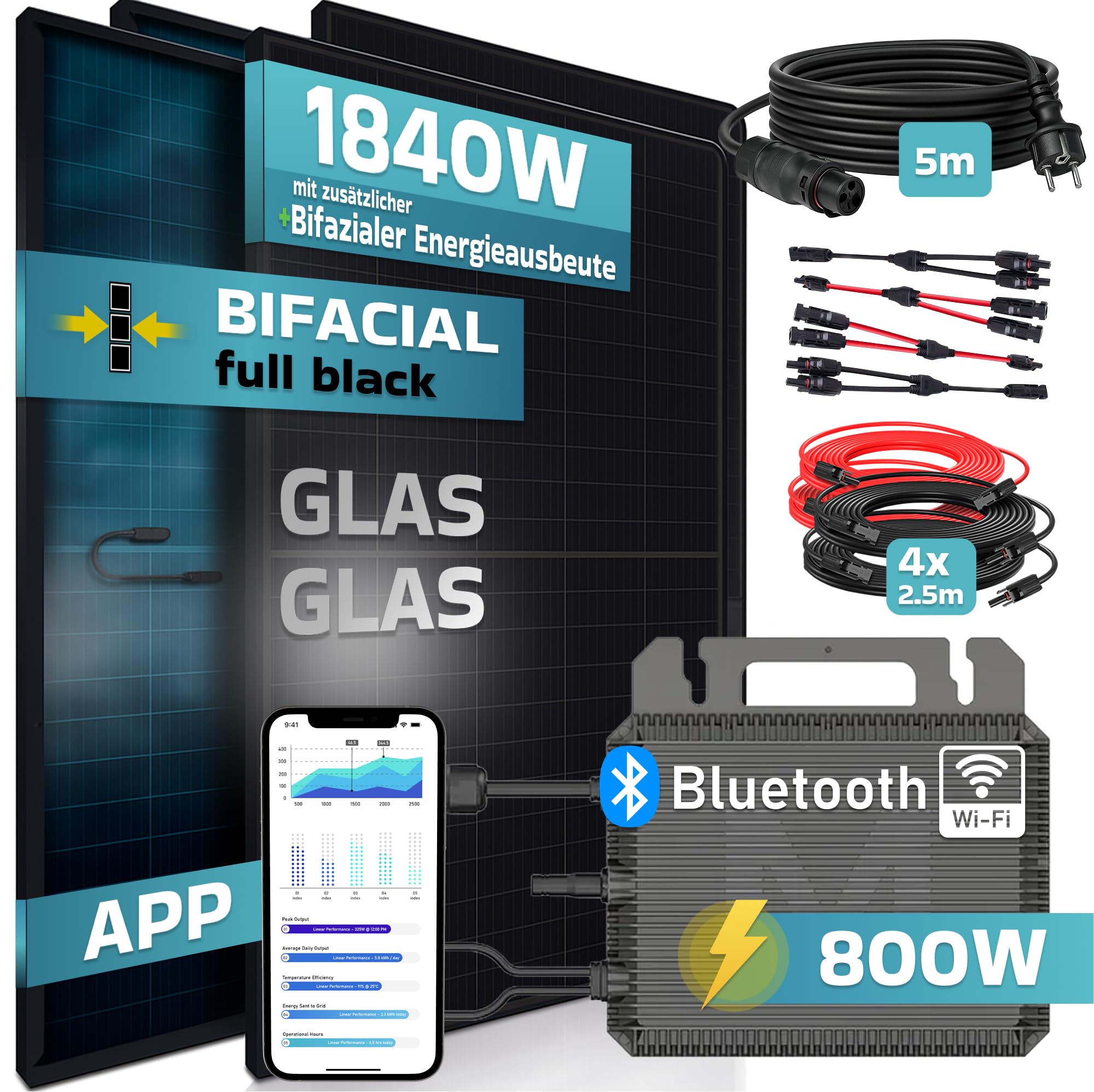 SUNNIVA® 1840W Balkonkraftwerk BIFAZIAL FULLBLACK komplett Steckdose MARSTEK 800 Watt Wechselrichter, Solaranlage Komplettset, 4x460W N-Type Glas-Glas Bifacial Solarmodule, 5m Kabel, 4x2.5m Solarkabel
