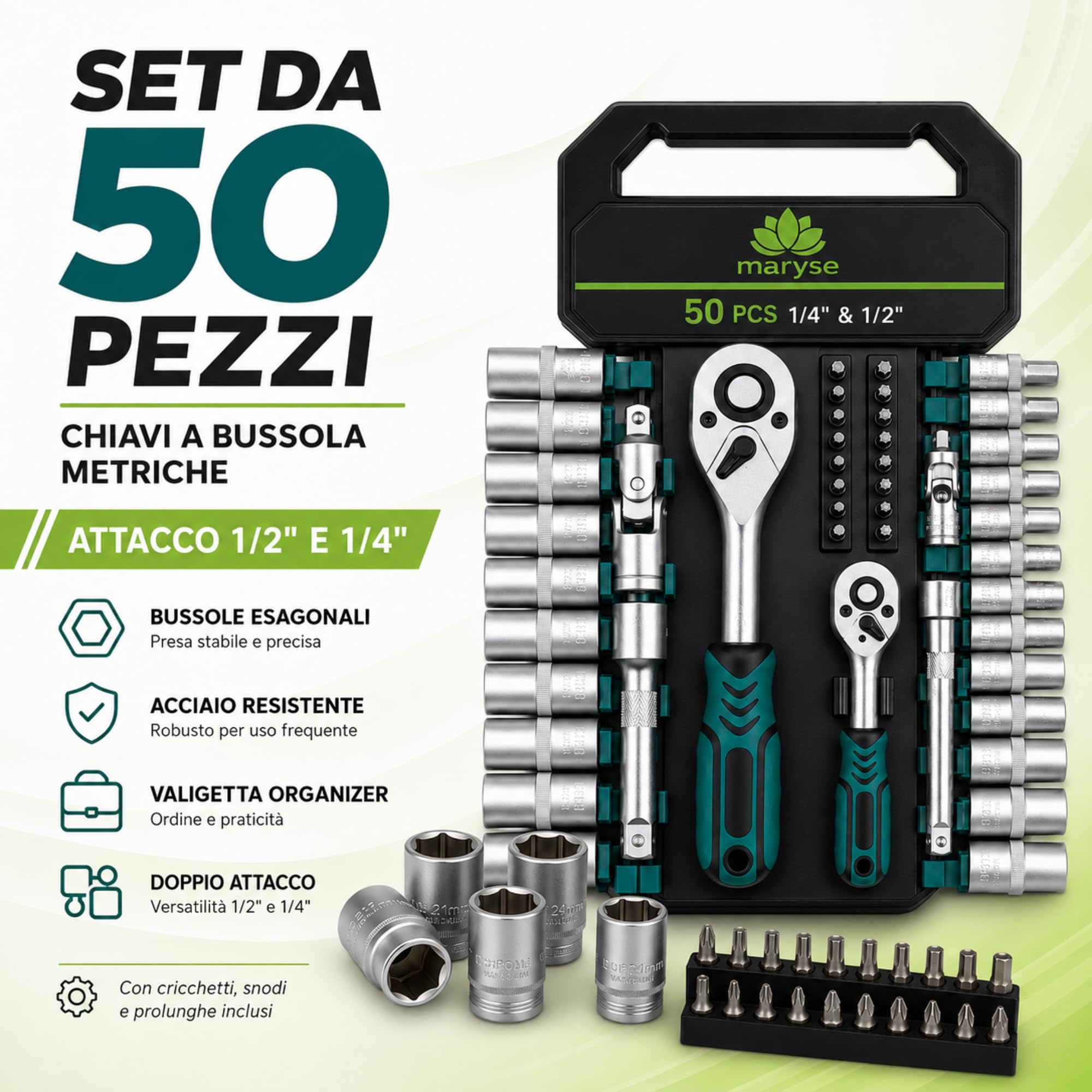 Set Chiavi a Cricchetto PROFESSIONALI 50 Pezzi 1/4" e 1/2" - Kit Cricchetto Reversibile con Chiavi a Bussola Metriche, Inserti, Prolunghe e Snodi Universali - Attrezzi per Auto, Moto, Casa e Officina