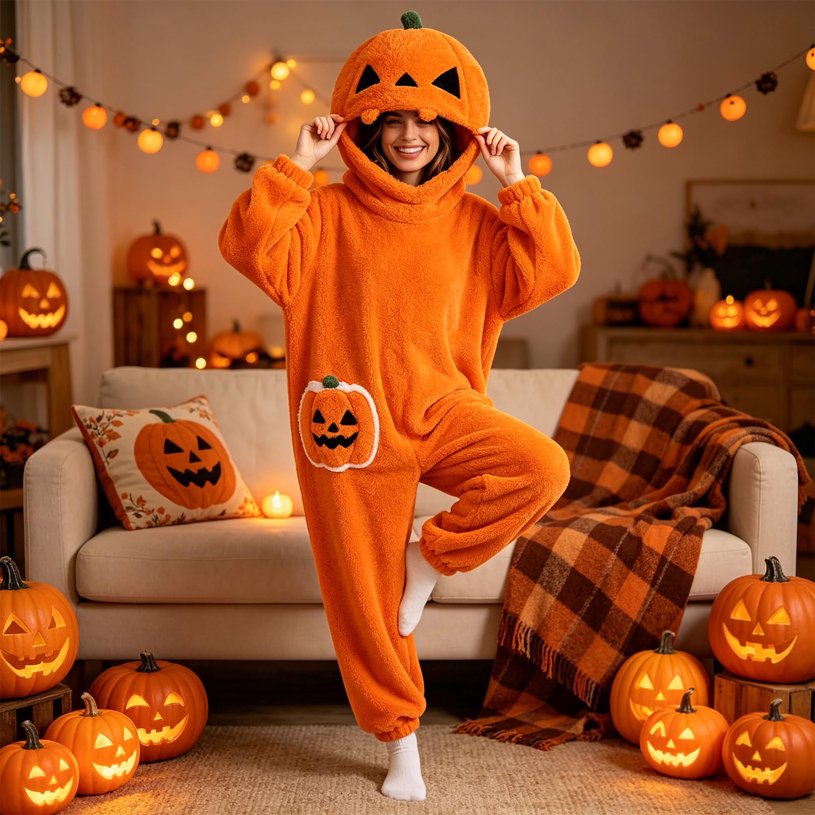 Genérico Mono Pijama de Calabaza Disfraz Halloween Costume Unisex Soft Comfortable Wearable Pijama de Felpa con Capucha para Hombre y Mujer, Ideal para Fiestas Disfrazadas y Noches de Pijamas