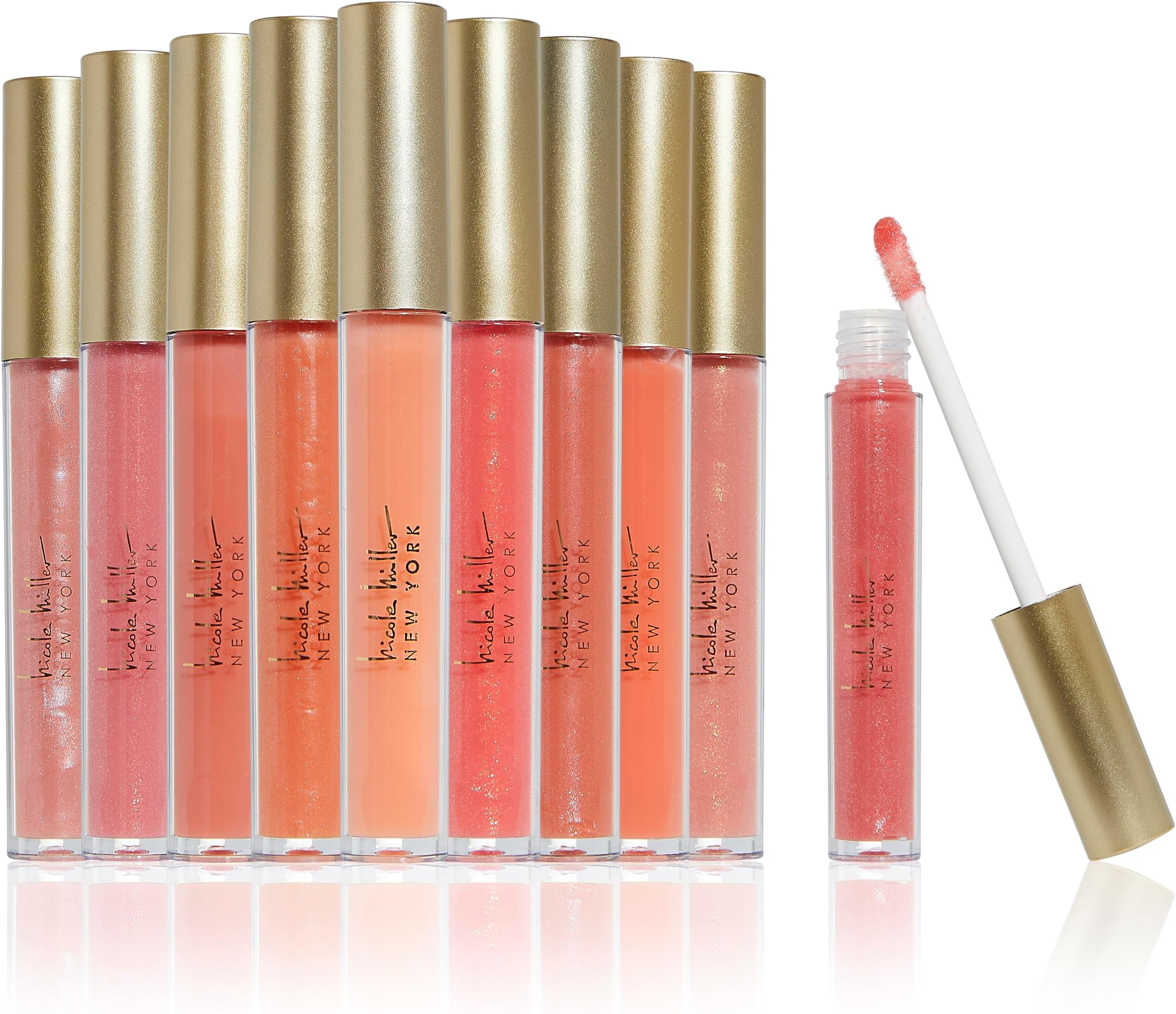 Nicole Miller Lip Gloss Collection Shimmery Glosses for Women and Girls Long Lasting Color Set with Rich Varied Colors, Peach, 10 Count (Pack of 1)