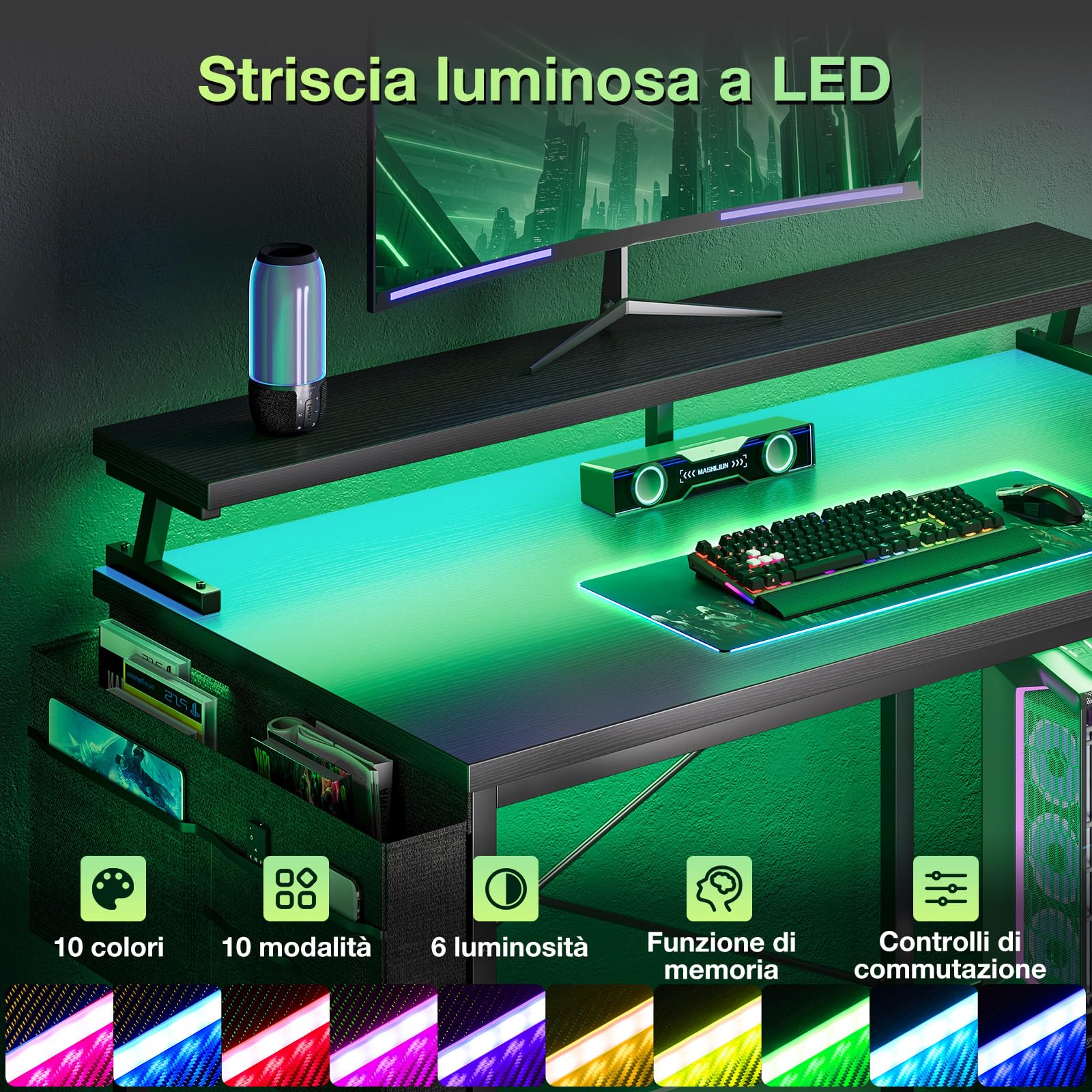 Coleshome Scrivania Gaming con LED e Prese, 120x80cm Scrivania Gaming Angolare Reversibile con Ripiani, Scrivania Angolare con Supporto per Monitor per Casa Ufficio, Nero