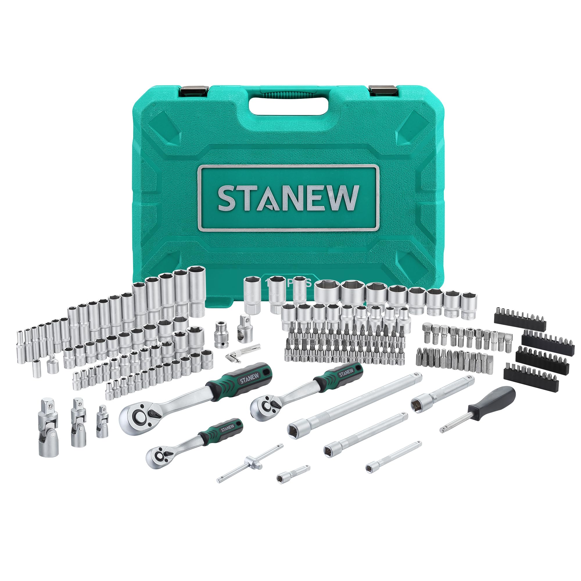 Stanew 192 Piece 1/4",1/2"& 3/8" Drive Socket Wrench Set with Bits, Professional CR-V Mechanic Tool Set, 72 Teeth Quick Release Ratchets Wrench for DIY, Car Repair