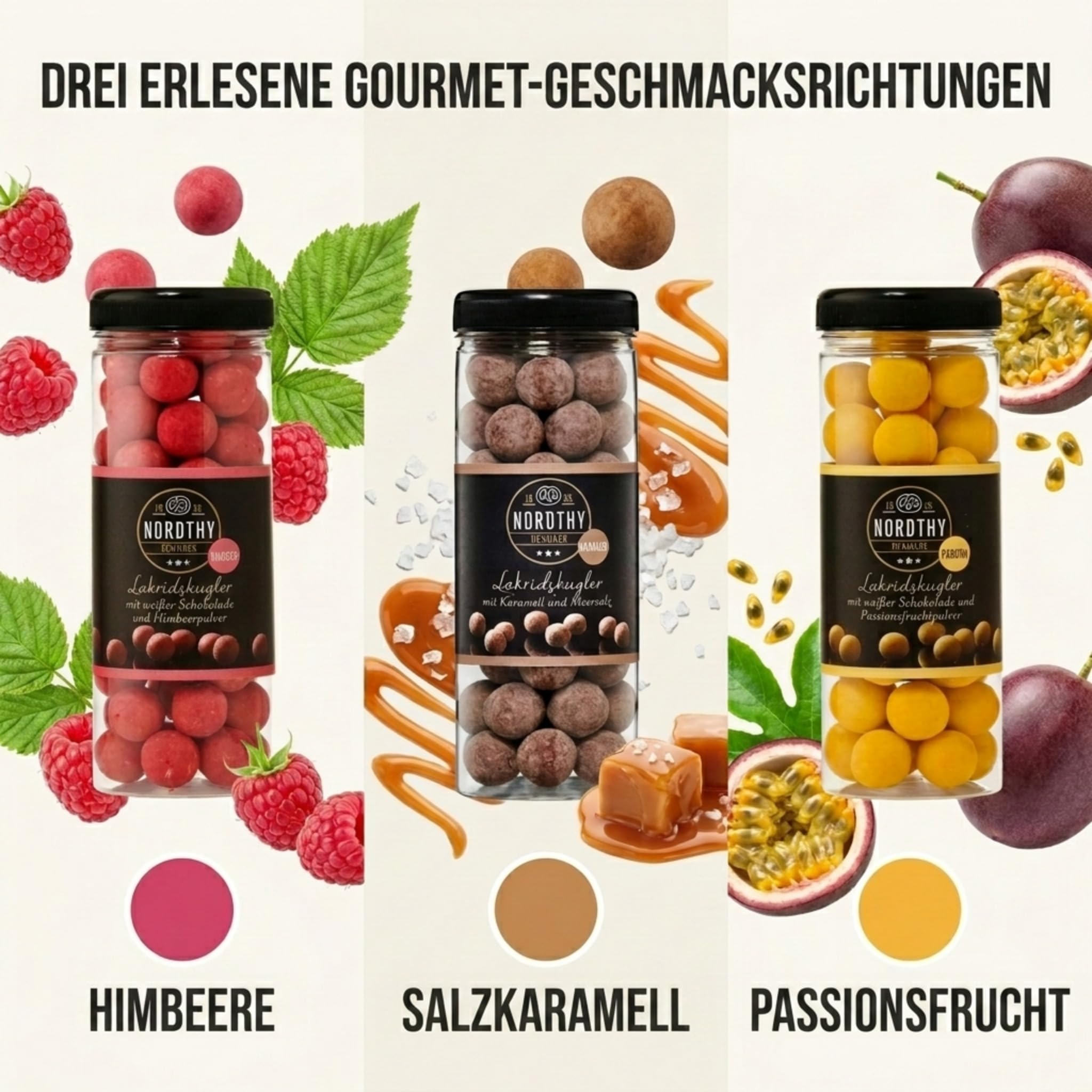 Nordthy Lakritzkugel Geschenkset 3x300g – Gourmet Lakritz in den Sorten Passionsfrucht, Himbeere & Salzkaramell