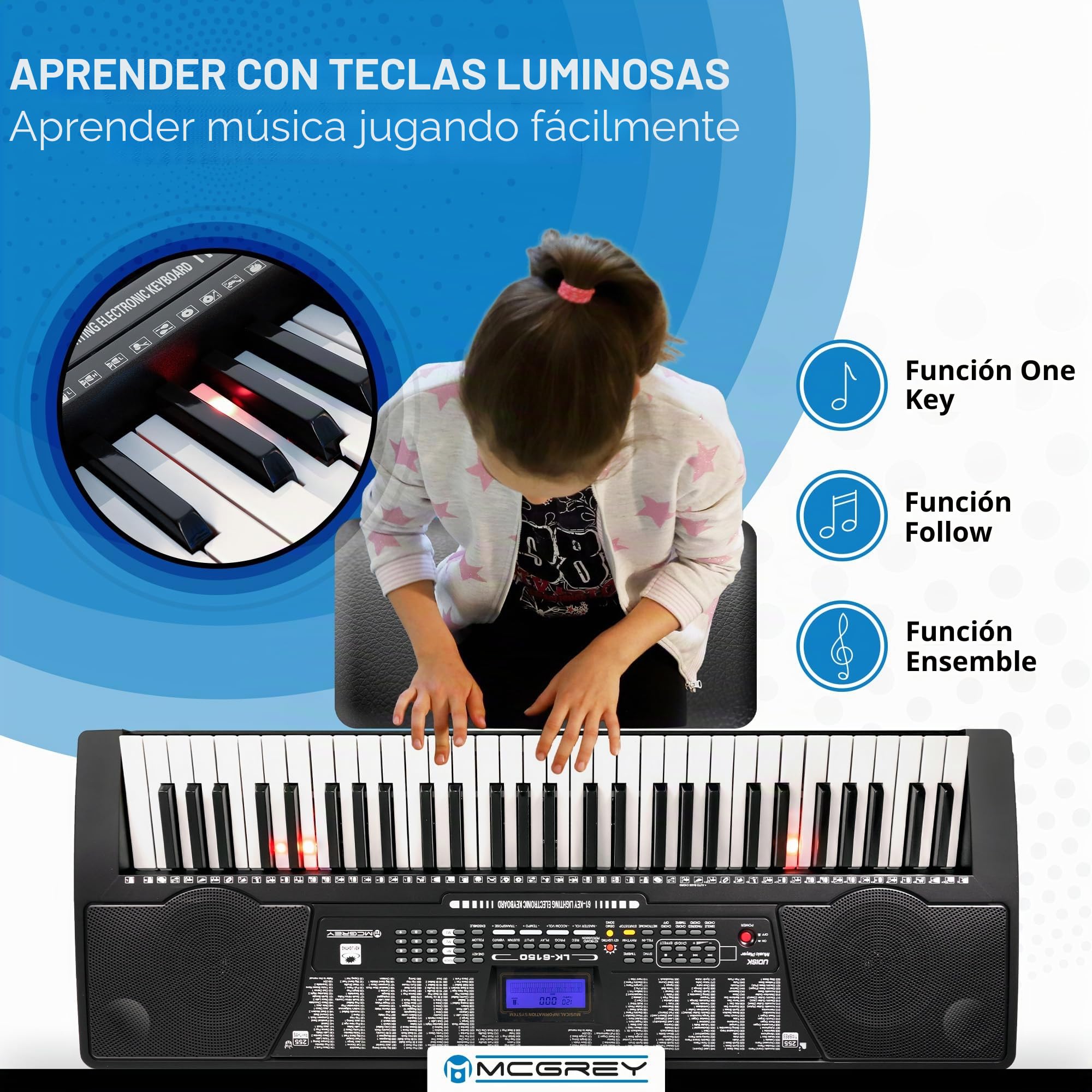McGrey LK-6150 Teclado de 61 Teclas con Teclas Luminosas y Reproductor MP3 | Teclado para principiantes con 61 teclas luminosas, Pantalla LC, 255 sonidos, 255 ritmos, 61 sonidos de percusión, 5 mm)