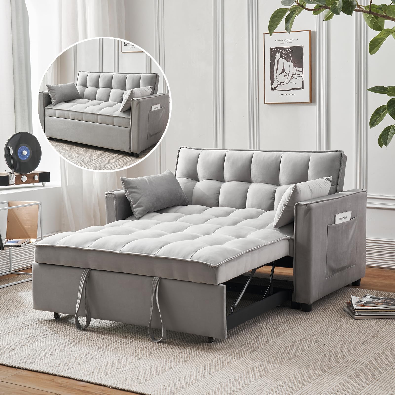 3-in-1 Convertible Pull Out Sofa Bed, Modern 55.5" Loveseat Sleeper Couch, Velvet Futon Couch Bed with Adjustable Backrest, Storage Pockets & Toss Pillows for Living Room, Apartment(Grey)