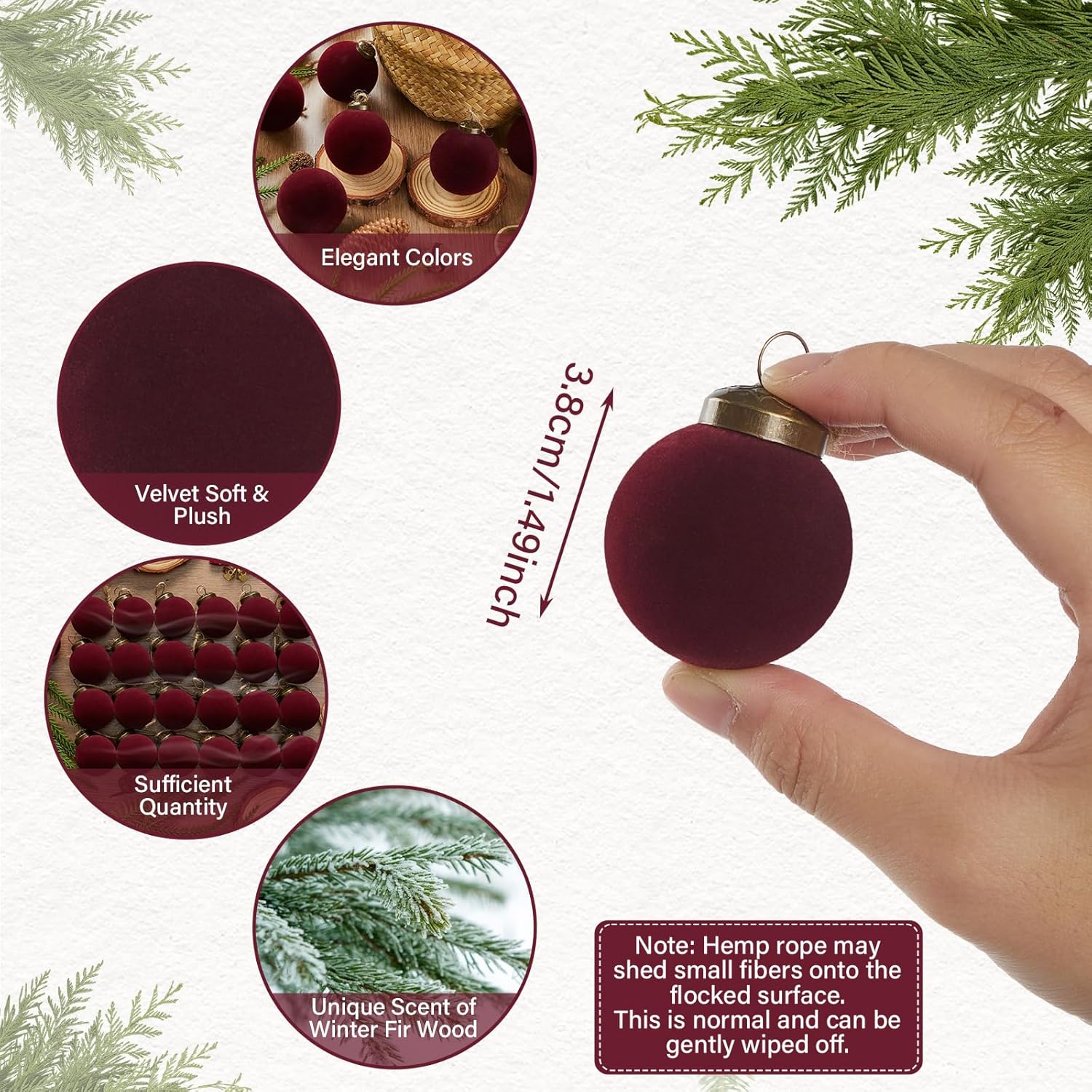 24PCS Light Scented Velvet Christmas Balls Ornament Shatterproof Velvet Xmas Tree Baubles Hanging Pendant for Winter Party Holiday Home Gift Office Yard Decor(Burgundy,1.49'')