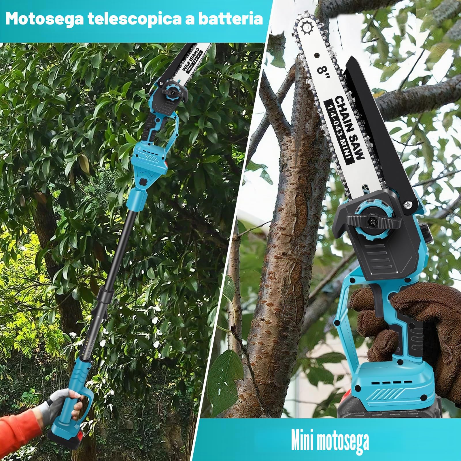Potatore telescopico a batteria 2-in-1 e mini motosega da 8 pollici con 2 batterie da 6000mAh e caricabatterie, motore brushless, asta telescopica da 2,8 m, per alberi e rami alti (2x6000mAh batteria)