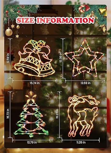 Miniatura 4 de Decoración de luces de silueta de ventana de Navidad, paquete de 4 letreros de color con ciervos, árboles de Navidad, campanas y estrellas para