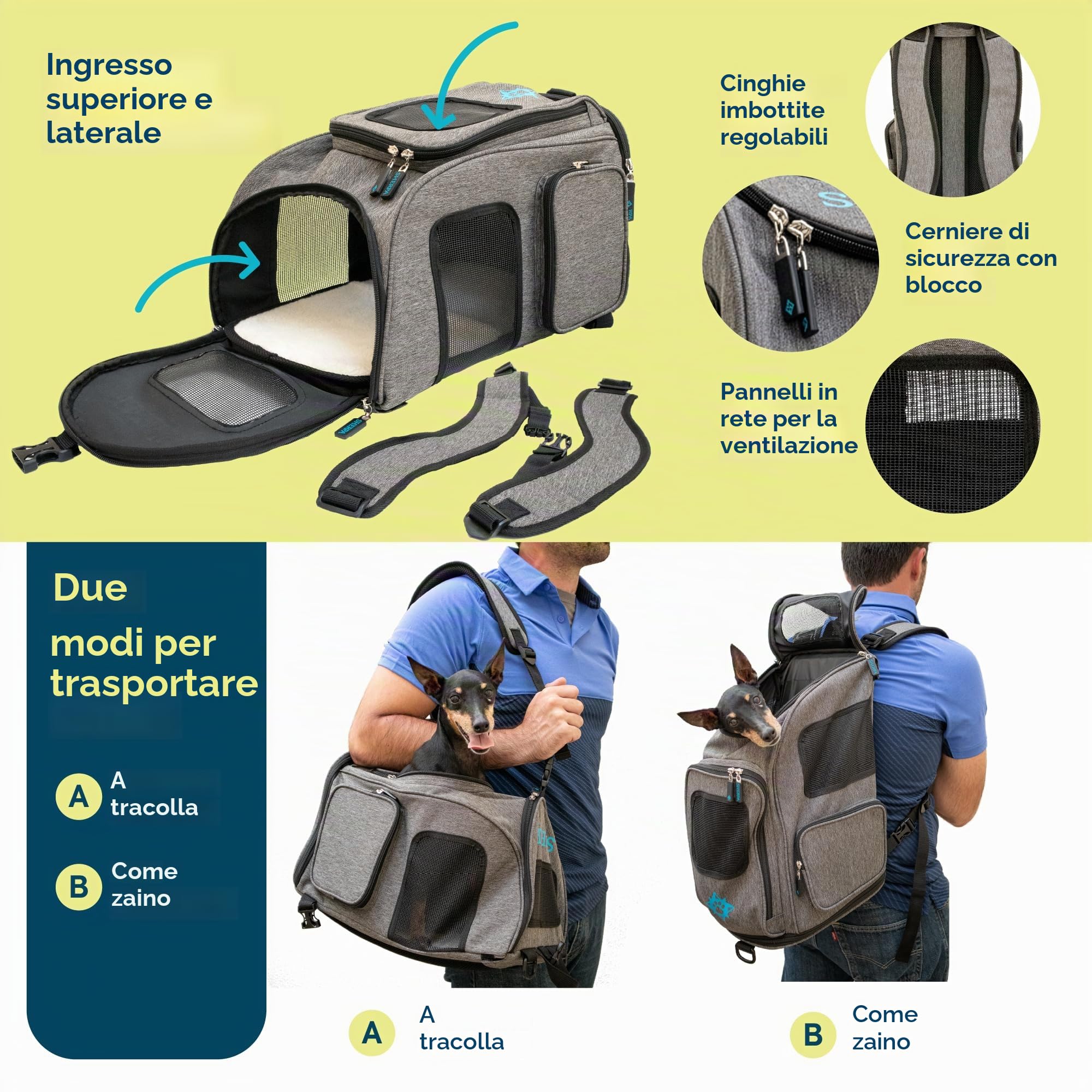 Sherpa, Zaino da viaggio per animali domestici, approvato dalla compagnia aerea, lavabile in lavatrice, finestre in rete, serrature di sicurezza, telaio a molla, grigio