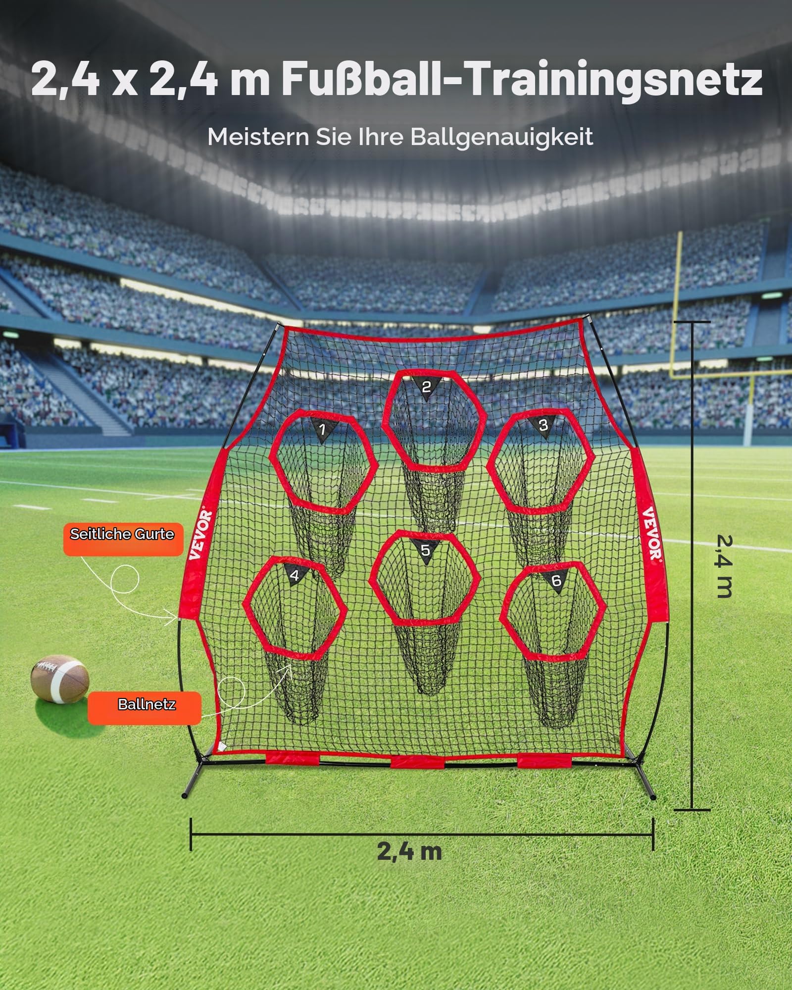 VEVOR Fußballtrainer Wurfnetz Übungsnetz (274 x 106 x 243 cm) mit 6 Zieltaschen & tragbarer Aufbewahrungstasche & Gurten, Wurfelziel-Training für die Passgenauigkeit des Quarterbacks, rot