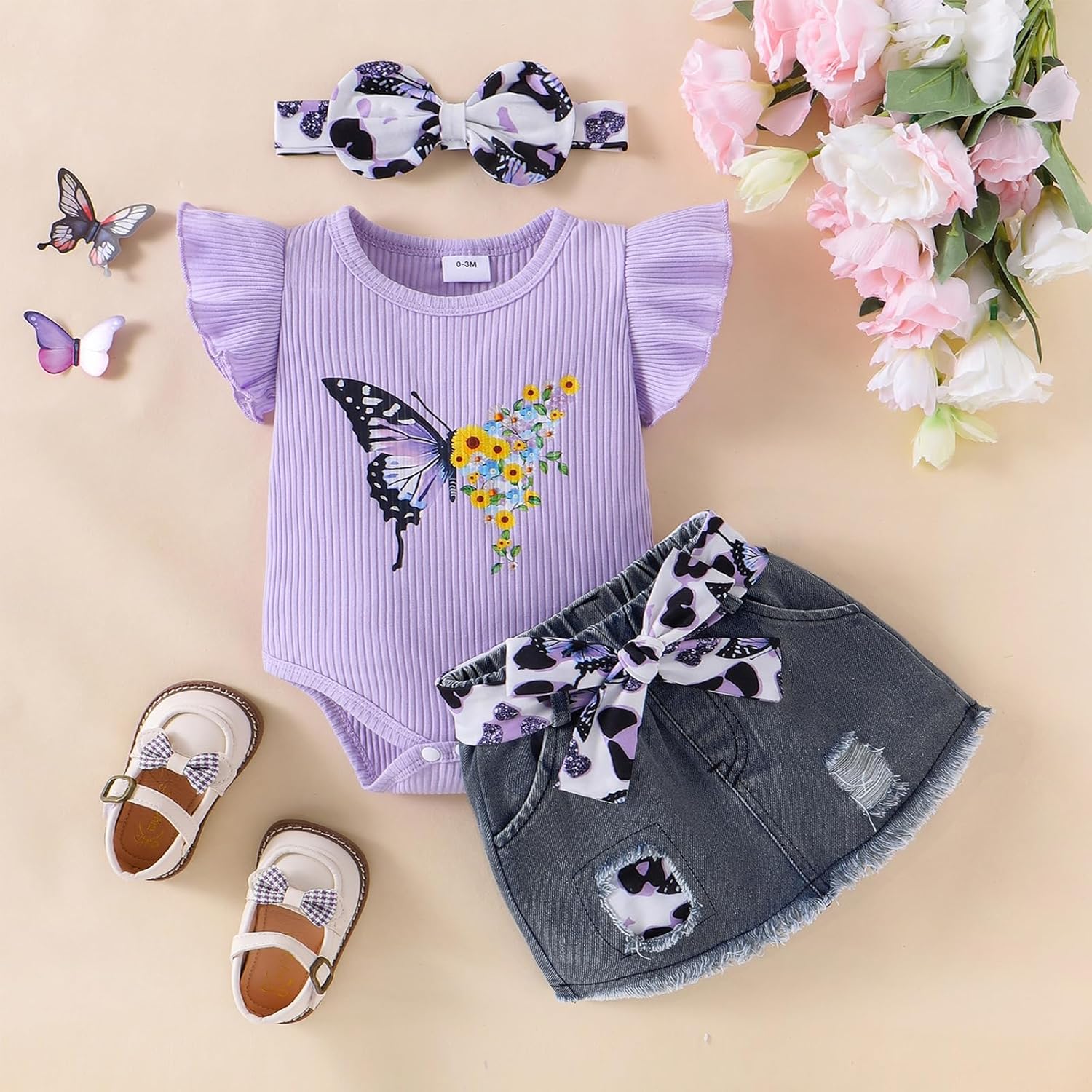 Baby Girl Summer Clothes Cute Butterfly Printed Romper + Denim Skirt + Headband 3pcs Shorts Set 0-18 Months - Image 2