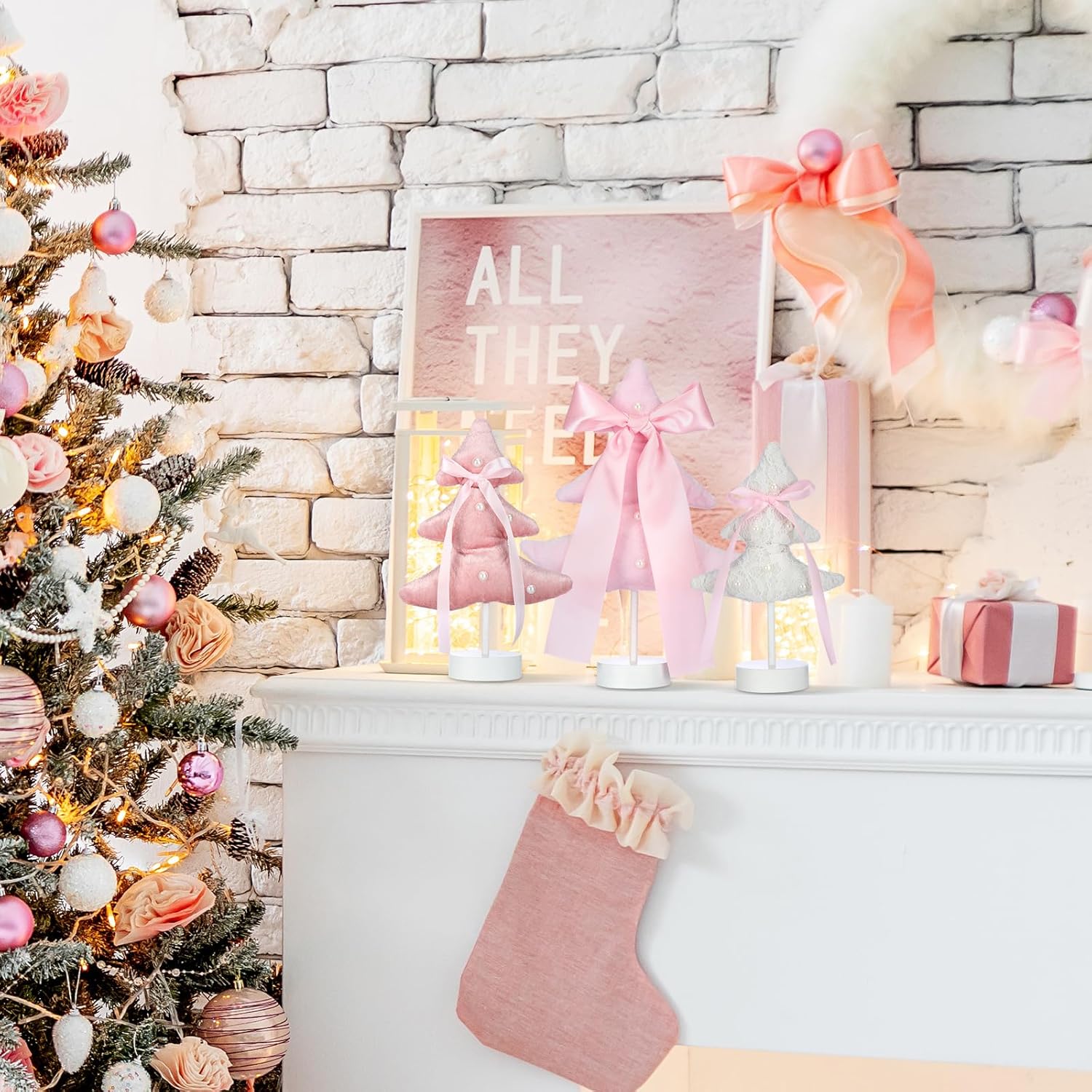 Amyhill 3 Pcs Mini Pink Christmas Tree Table Decor 3 Sizes Pastel Small Table Top Xmas Trees with Bow Pearl Pink and White Christmas Tree with Wood Base for DIY Crafts Xmas Decorations - Image 6