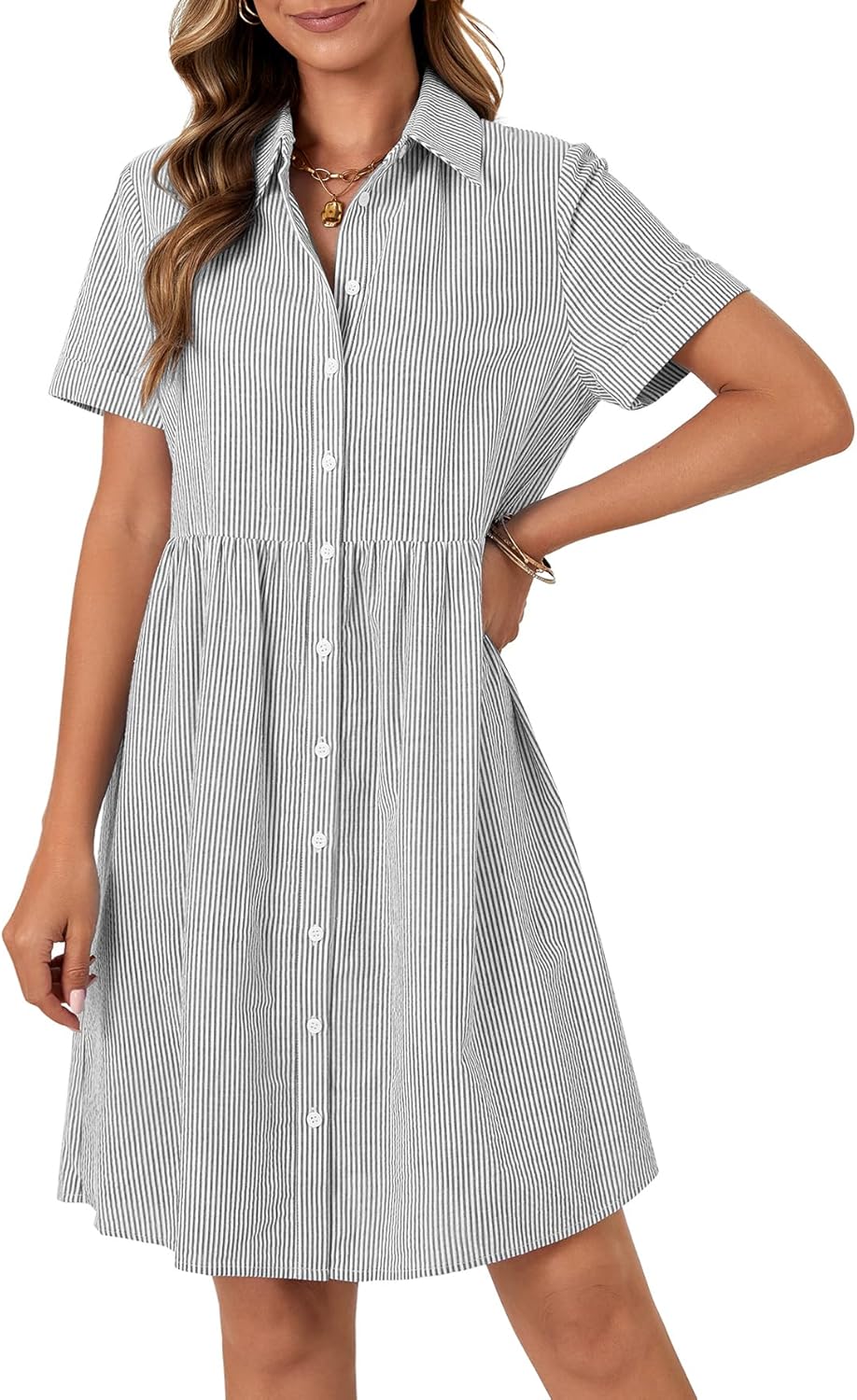 Rooscier Women's Striped Shirt Dress Button Down Collared Short Sleeve Mini Dress - Image 3