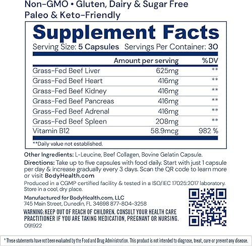 Miniatura 2 de BodyHealth Organ+ Complejo de órganos glandulares alimentados con pasto, suplemento de órganos de carne de res alimentados con pasto, hígado de