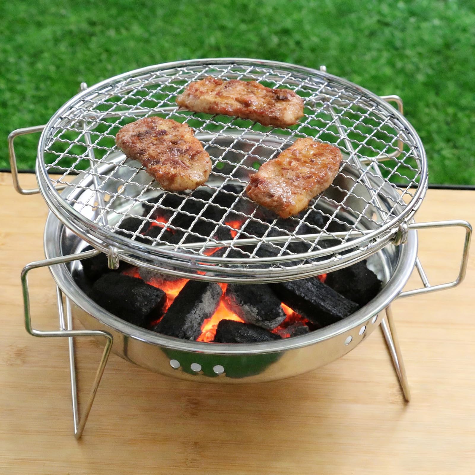 Przenośny Okrągły Składany Grill, Grill ze Stali Nierdzewnej na Piknik na Kempingu, z Odłączanymi Elementami i przestronną powierzchnią do Gotowania (Duży 30 * 19,5)