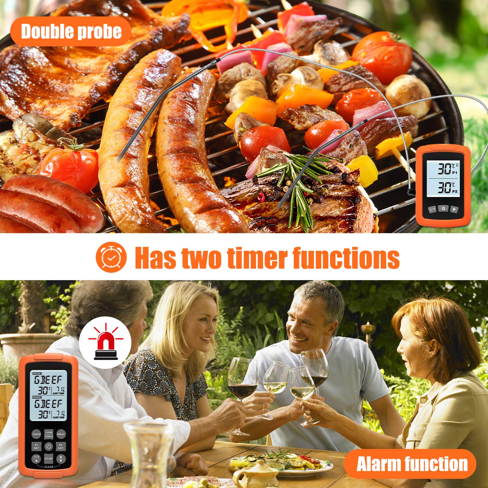 Termómetro inalámbrico digital impermeable con lectura instantánea de alimentos y carne, con sondas dobles para cocina, parrilla, horno, barbacoa, color naranja