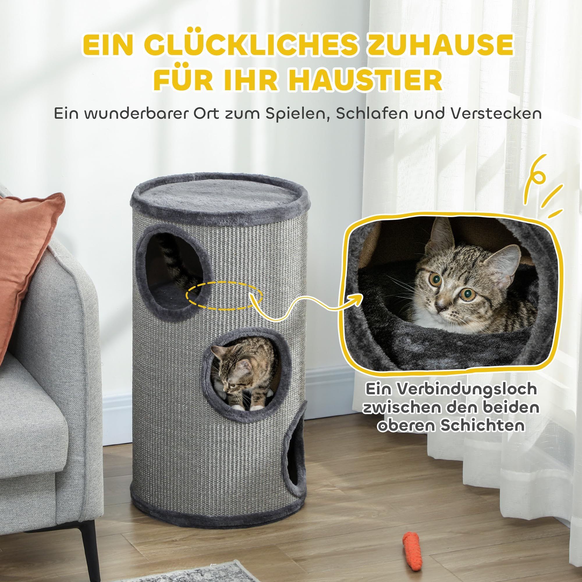 PawHut Kratztonne 70 cm Hoch Ø 38 cm dreistöckige Katzentonne mit Plüschrand, Katzenhöhle, Kratzbaum für kleine Katzen, Hellgrau