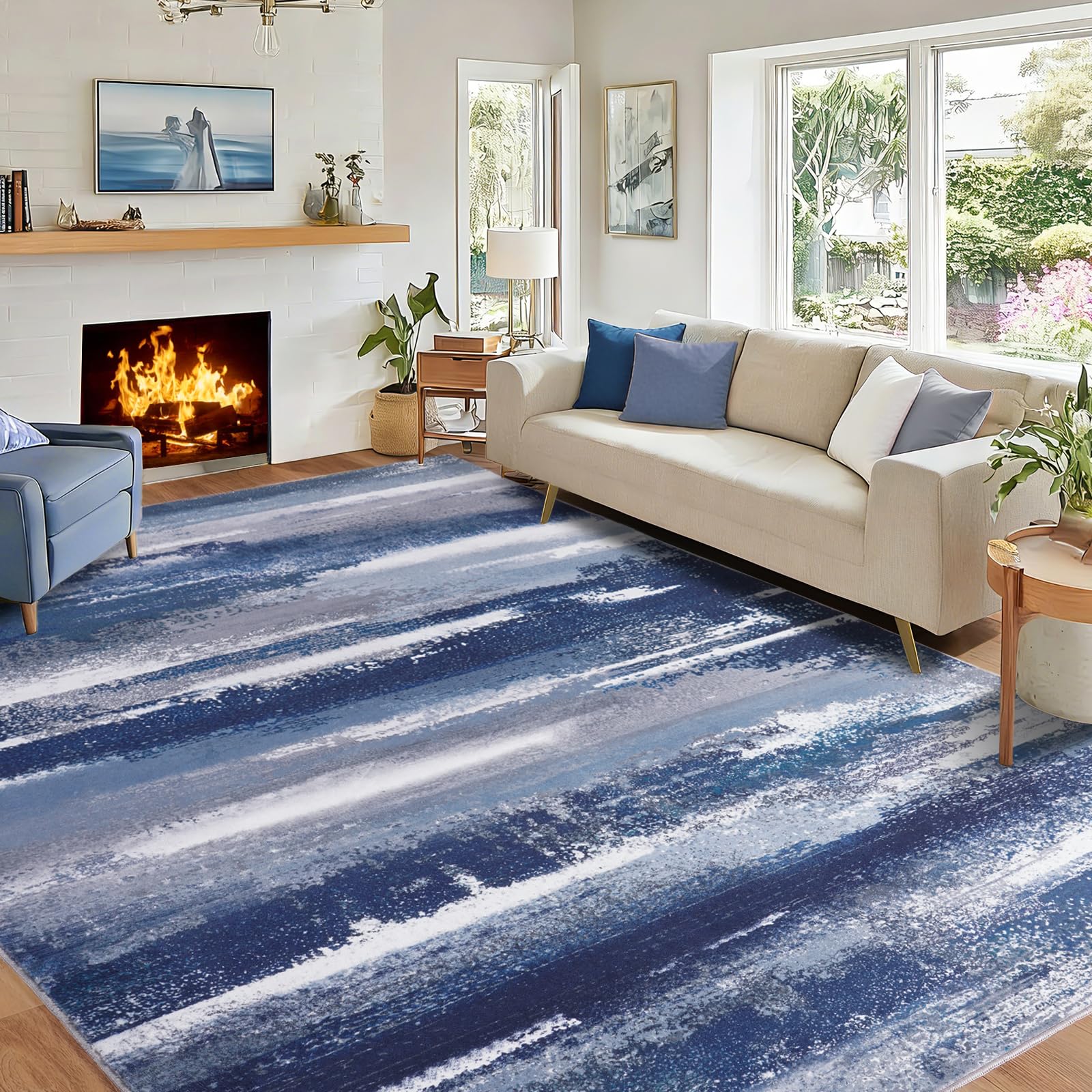 Rezutan Modern Abstract Area Rug 160x300cm, Washable Large Living Room Rugs Non-Slip & Short Pile Carpet for Bedroom, Dining Room, Office Decor - Blue Grey