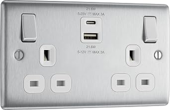 BG Electrical 22W Double Switched Wall Plug Socket with Fast Charge Type A & C USB Charging Ports, Nexus Metal, Brushed Steel, White Inserts, 13A, NBS22UAC22W