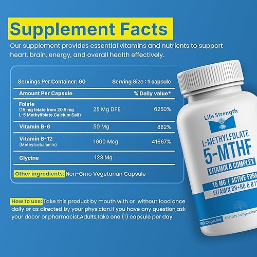 Miniatura 3 de L-metilfolato de 15 mg + complejo de vitamina B - 5-MTHF, B6 y B12 metilcobalamina - 60 cápsulas - Folato de metilo activo de fuerza profesional -