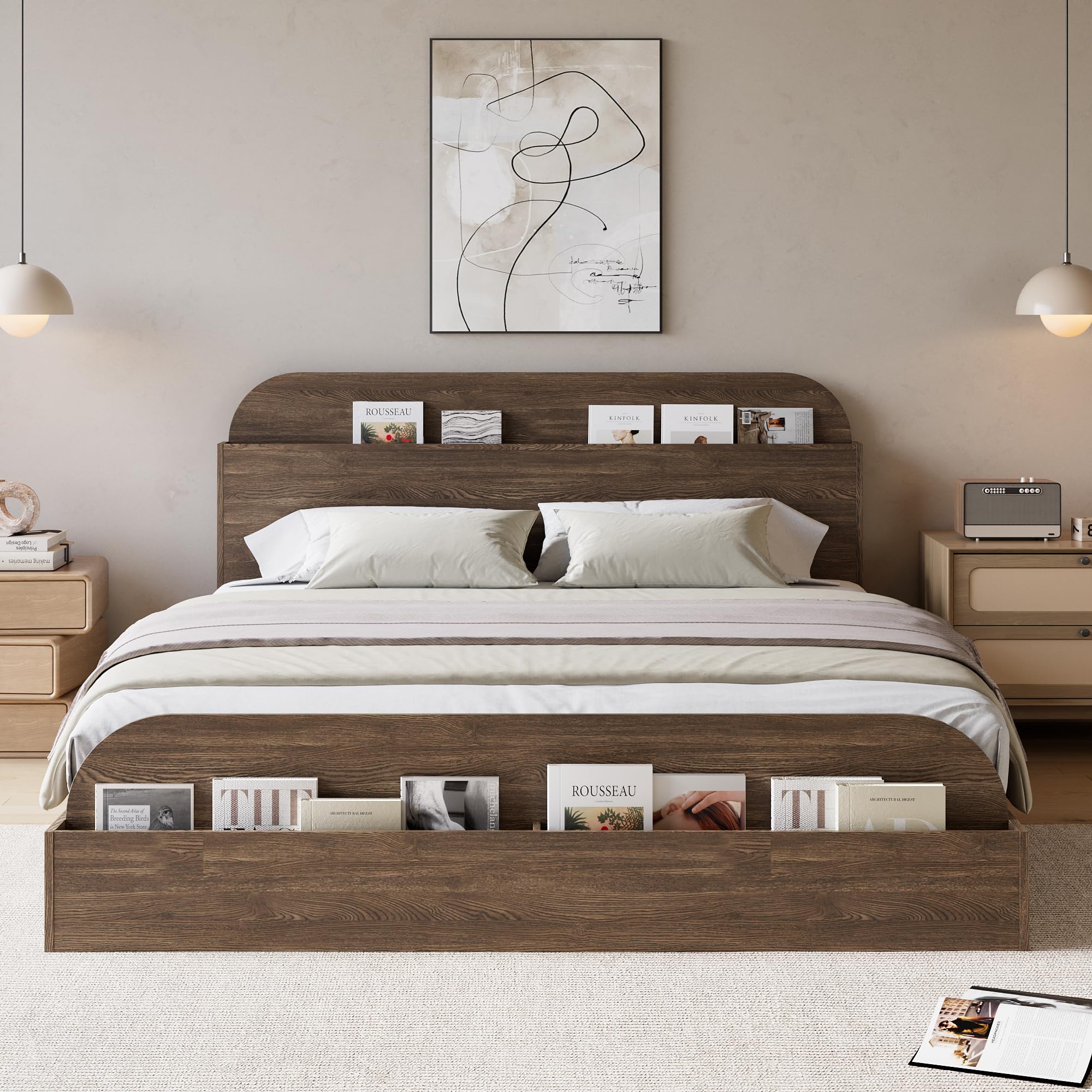 Photo 1 of GarveeHome Queen Size Bed Frame, Wooden Beds with Storage Headboard and Raised-Foodboard, Queen-Floor Low Platform Bed for Bedroom, Sturdy Wooden Slats Support, No Box Spring Needed, Walnut