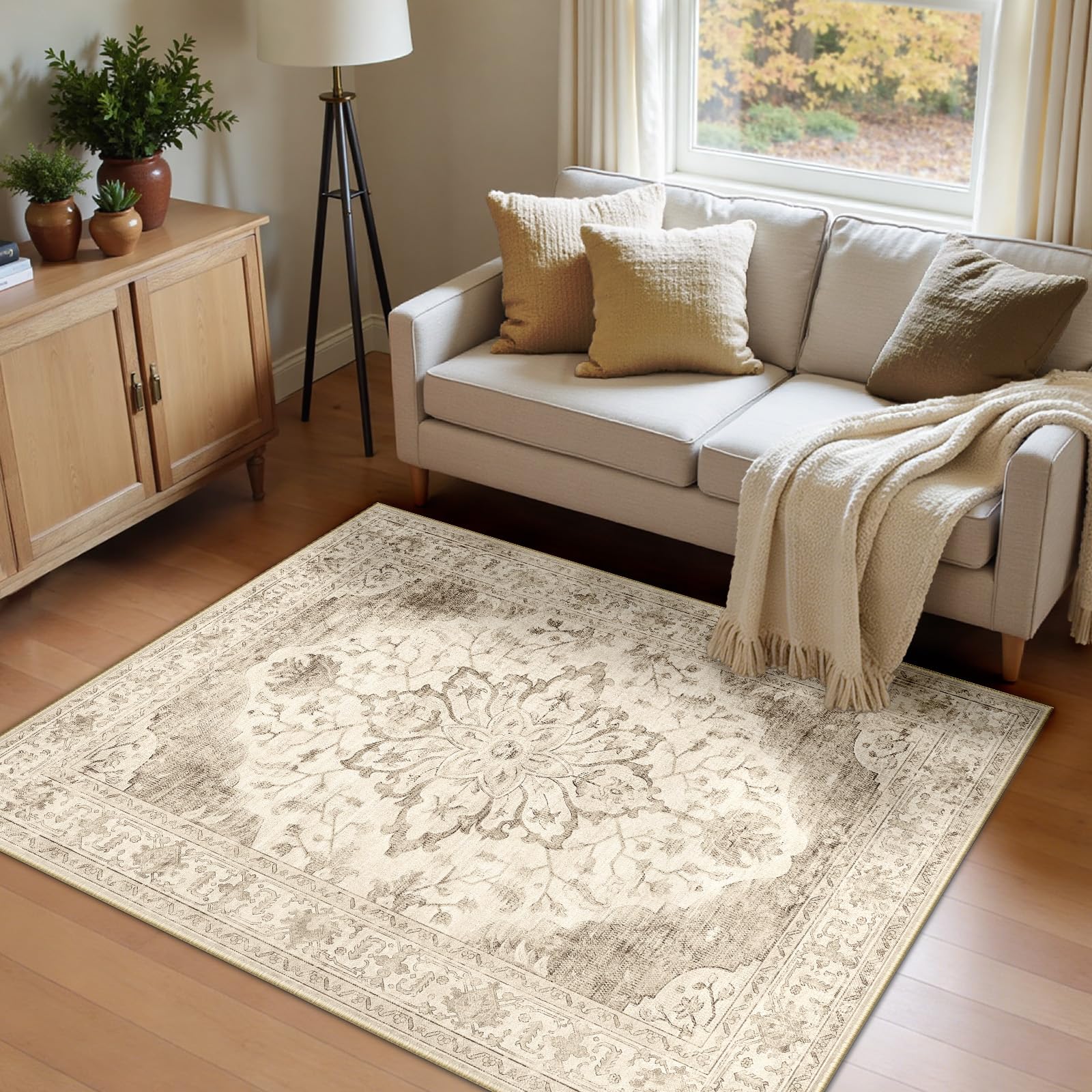 INOVADAY Machine Washable Rugs 120x180 cm Vintage Area Rug Low Pile Anti-Slip Carpet with Print Pattern for Living Room Bedroom Home Office Indoor Lightbeige