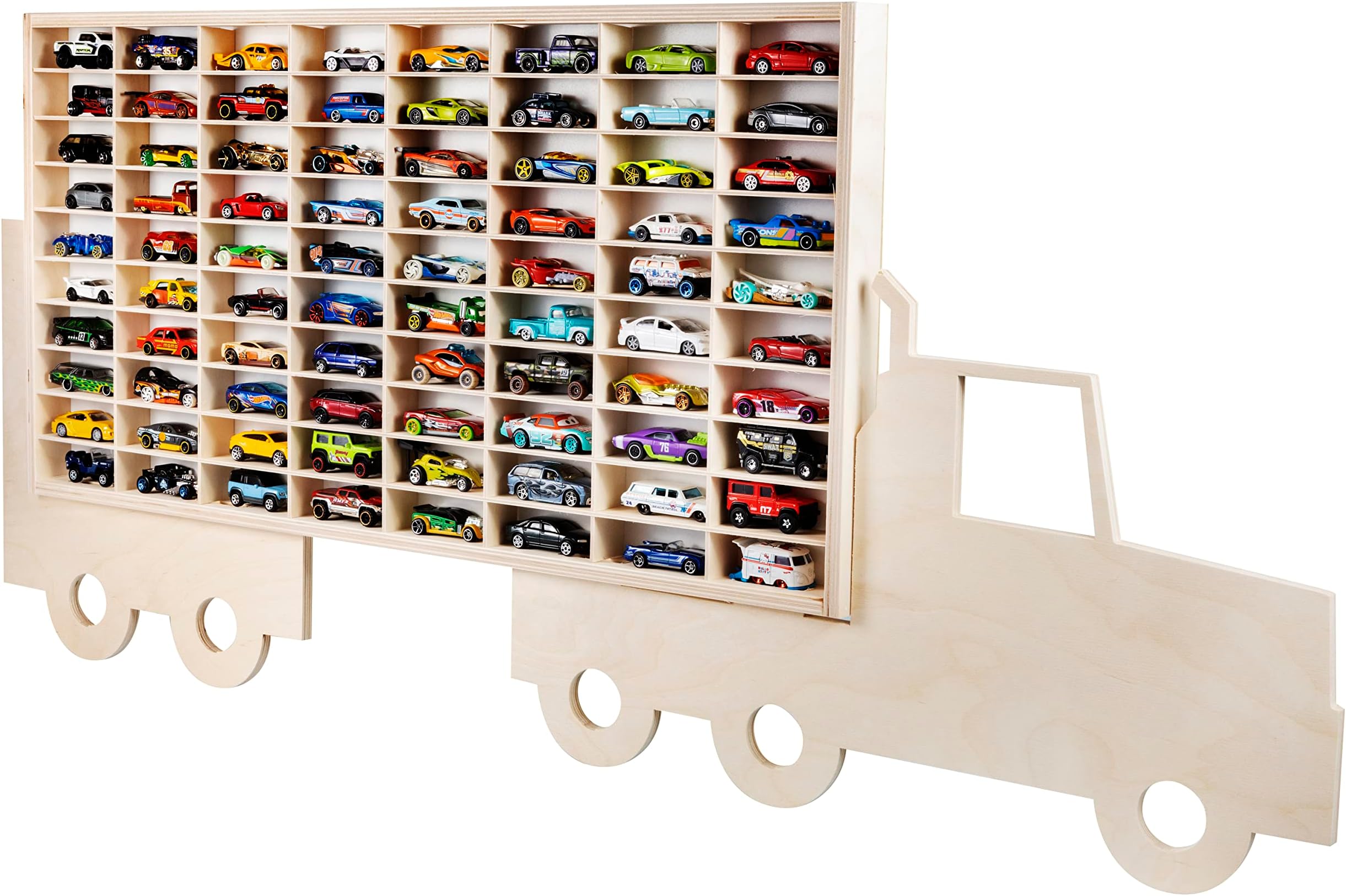 Display Cabinet Compatible with Hot Wheels Design Lorry – Toy Storage Shelves with 80 Drawers – Durable Wooden Cubic Box – Modern Design