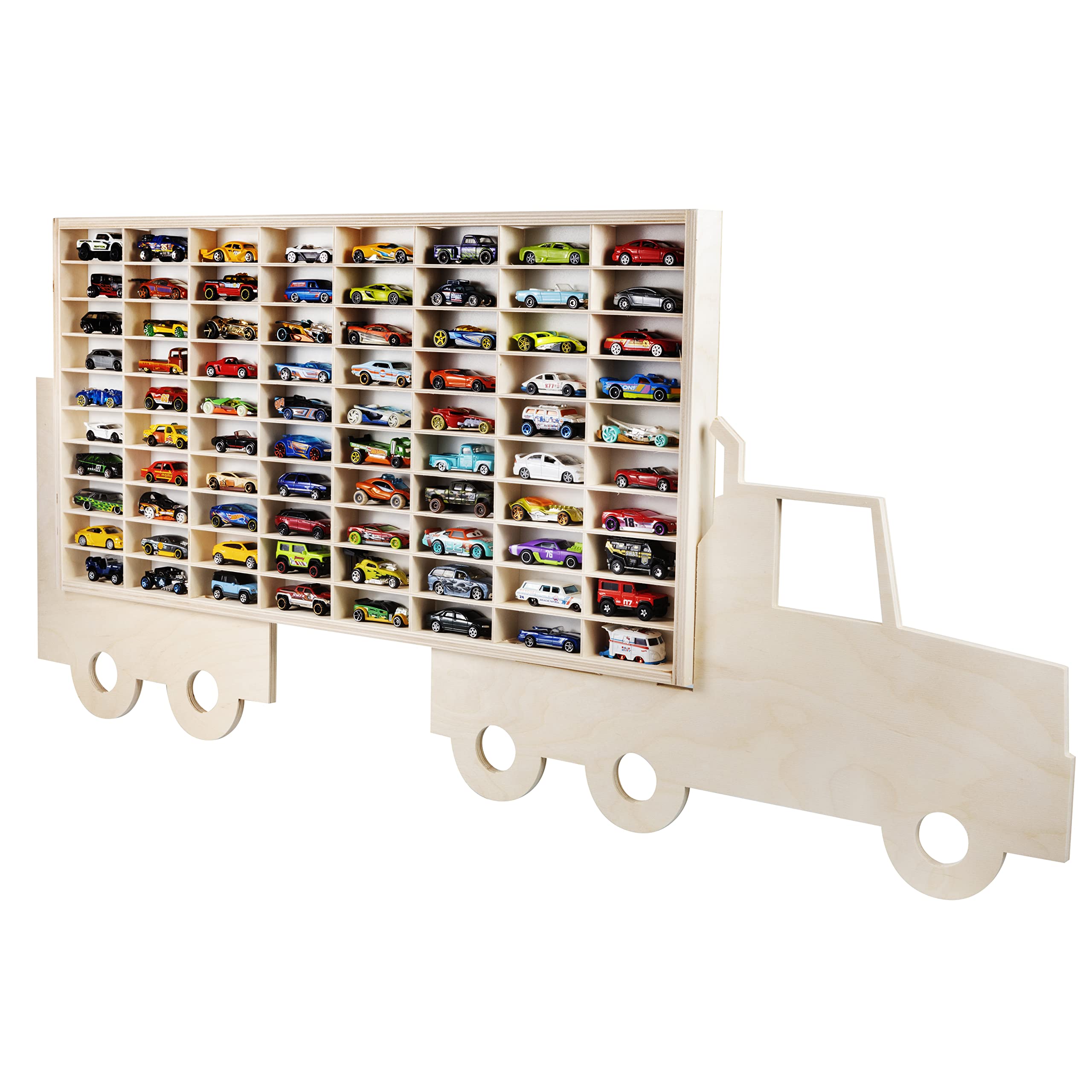 DECOCRAFT Display Cabinet Compatible with Hot Wheels Lorry Design – Toy Storage Shelves with 80 Slots – Heavy Duty Wooden Cube Storage Box – Modern Design