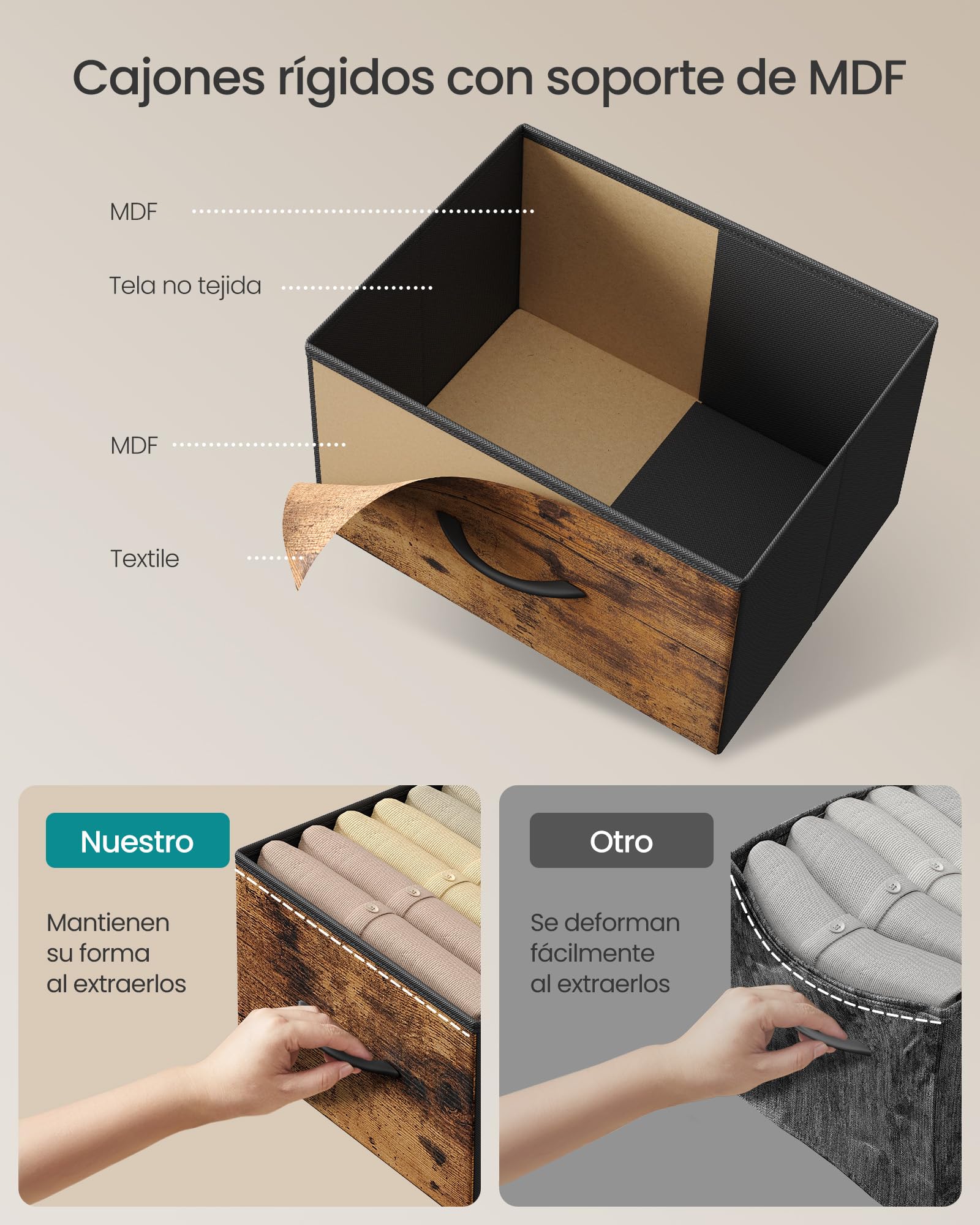 SONGMICS Cómoda, 10 Cajones, Acero | Cómoda para Dormitorio, Armario, Pasillo, Salón, Marrón Rústico y Negro Tinta, Colección BELLAH LGS125BH04