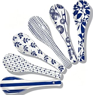 JarThenaAMCS Ceramic Coffee Spoons 5.8'' Teaspoons for Espresso Vintage Blue Floral Stripe Small Serving Spoons for Stirring Tea Soup Dessert Ice Cream, Dishwasher & Microwave Safe, 6Pcs