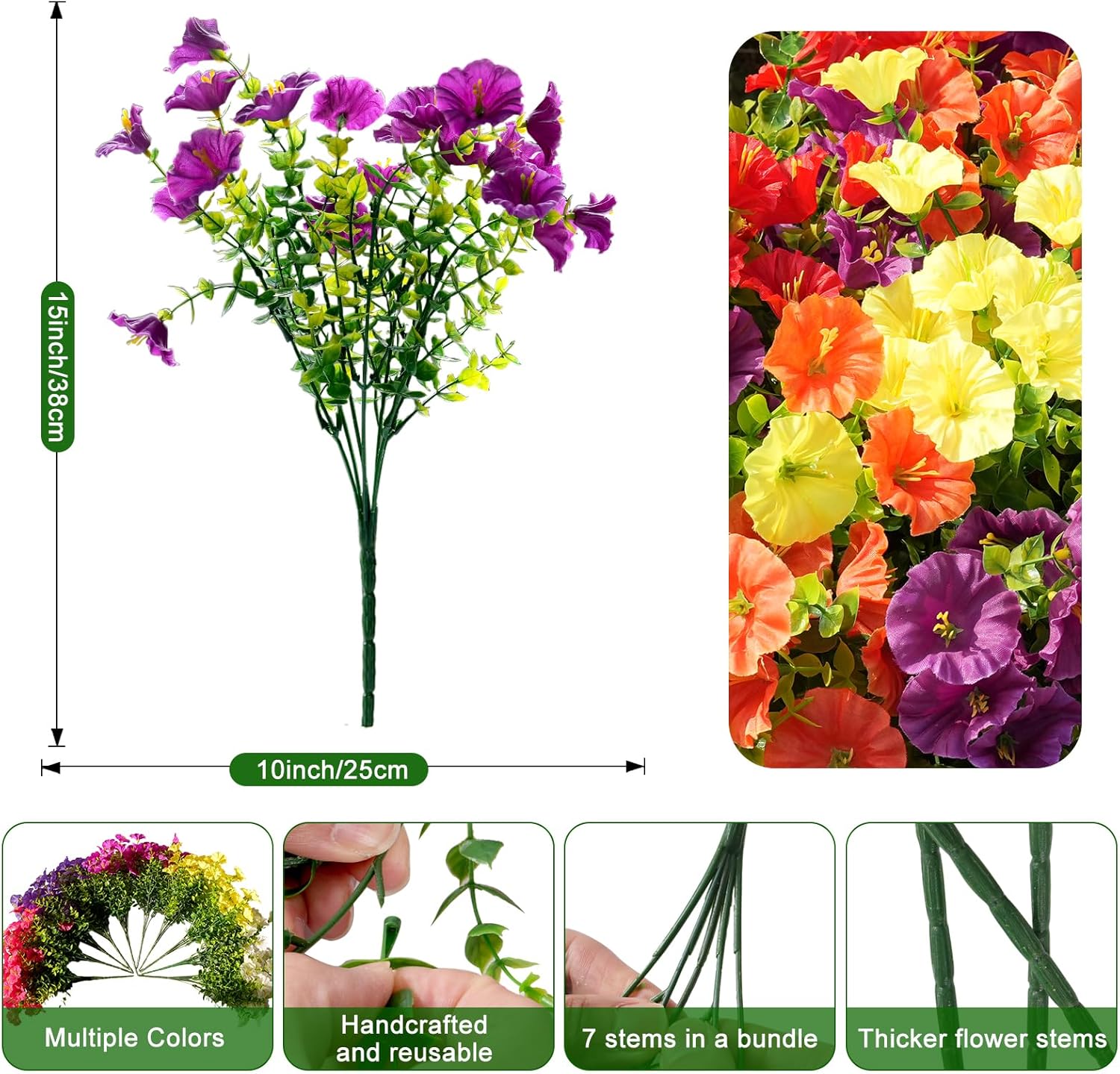 Fanfantoey Artificial Flowers for Outdoor, UV Resistant Fake Plants Outside Decoration, 14 Pcs Realistic Silk Morning Glory Faux Flowers for Porch Patio Gardens Home Decor(14, 4 Mixed)