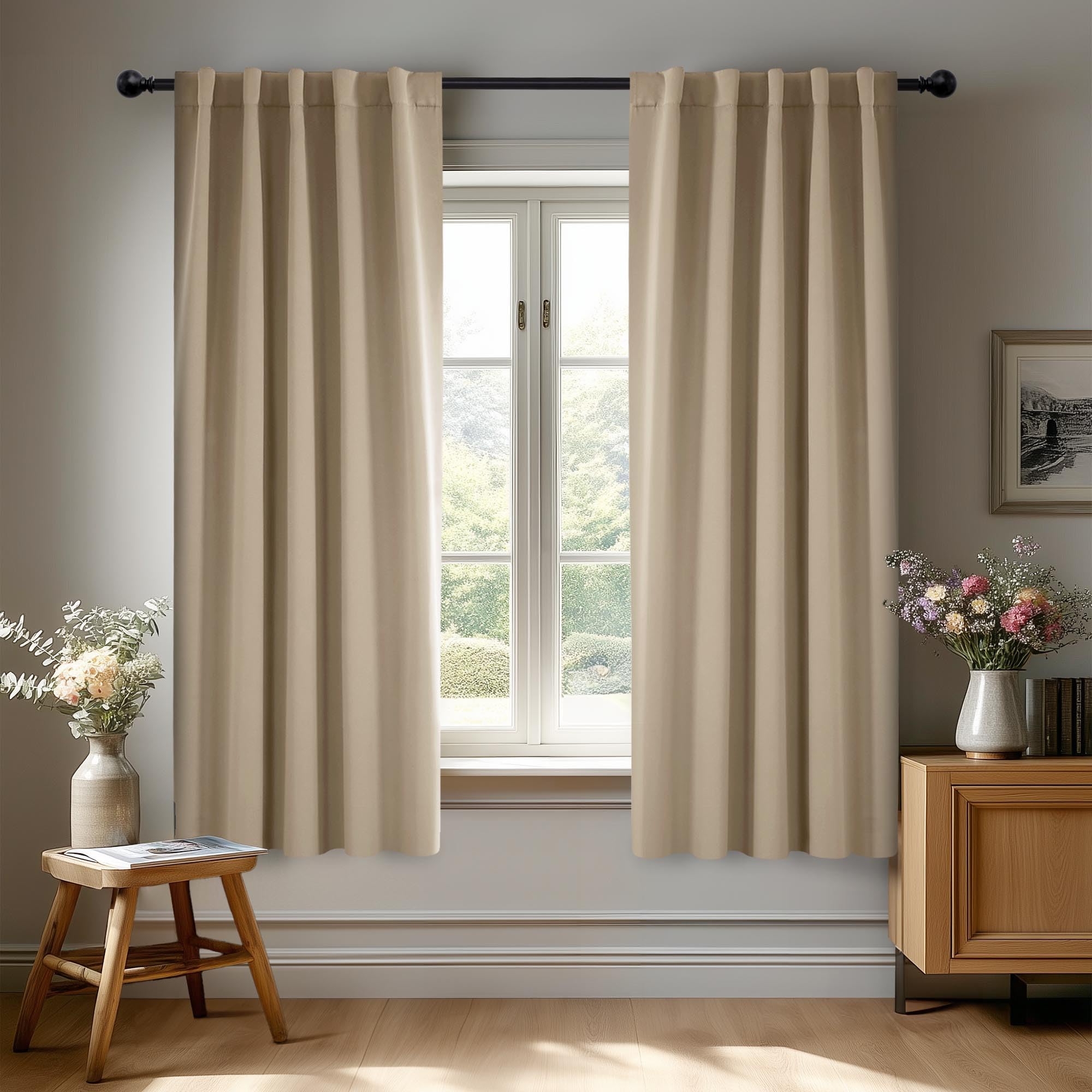 Deconovo Blackout Curtains, Thermal Insulated, W42 x L45 2 Panels, Back Tab, Machine Washable, Room-Darkening Drapes for Bedroom/Living Room Khaki