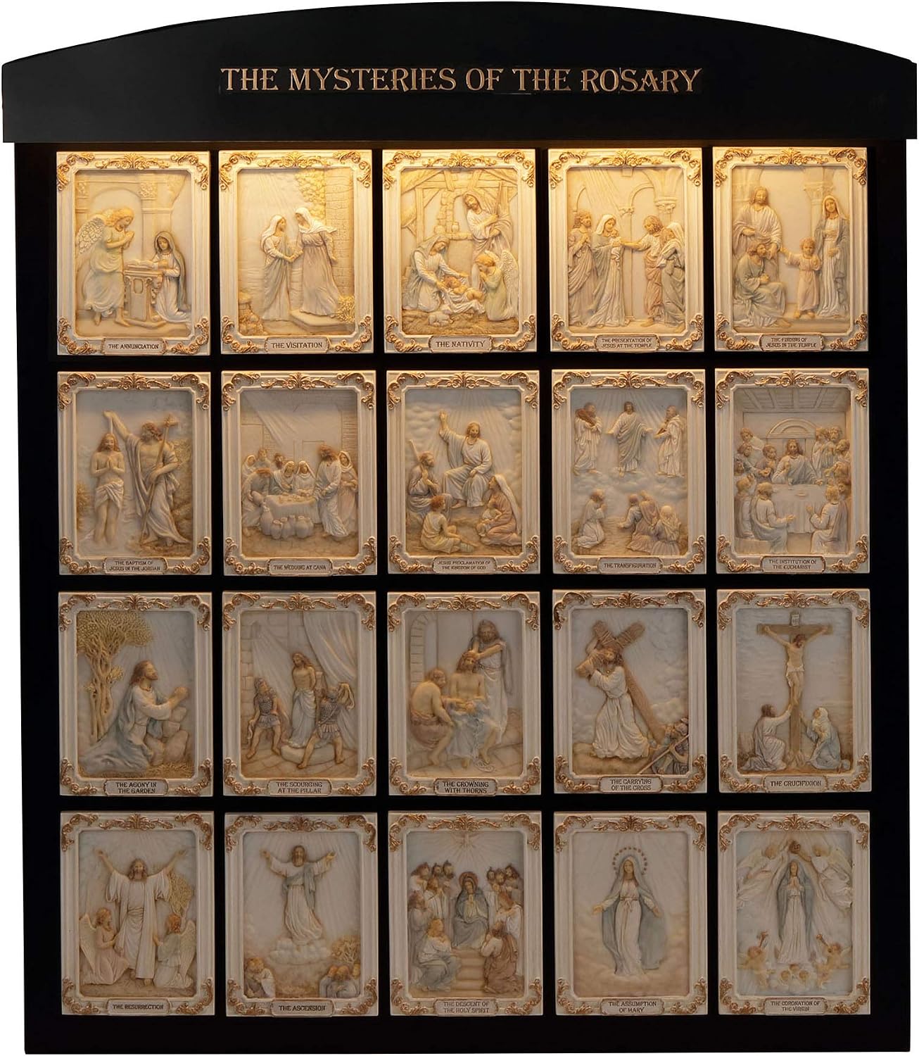 Veronese Design 20.25 Inch The Mysteries of The Rosary Set Wall Display Polyresin Hand Painted with LED Lighting Wall Sculpture