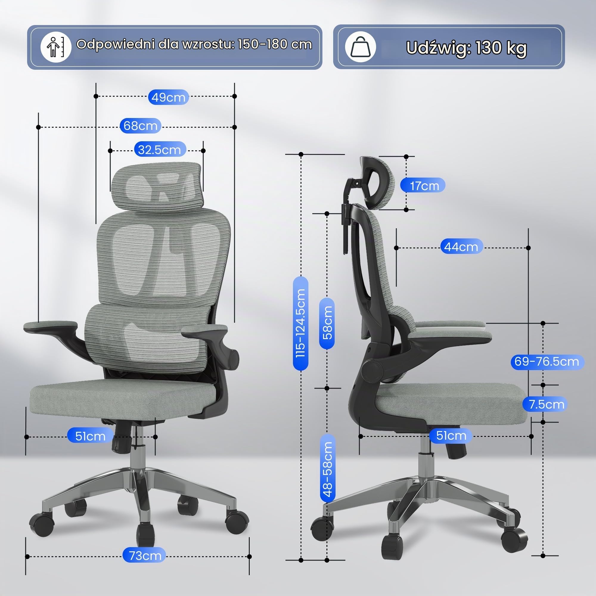 FLEXISPOT OC3 LITE Ergonomiczne krzesło biurowe, krzesło biurkowe z 2D podparciem pod głowę, składanymi podłokietnikami i dynamicznym podparciem lędźwiowym (Lite (Szara Pianka))